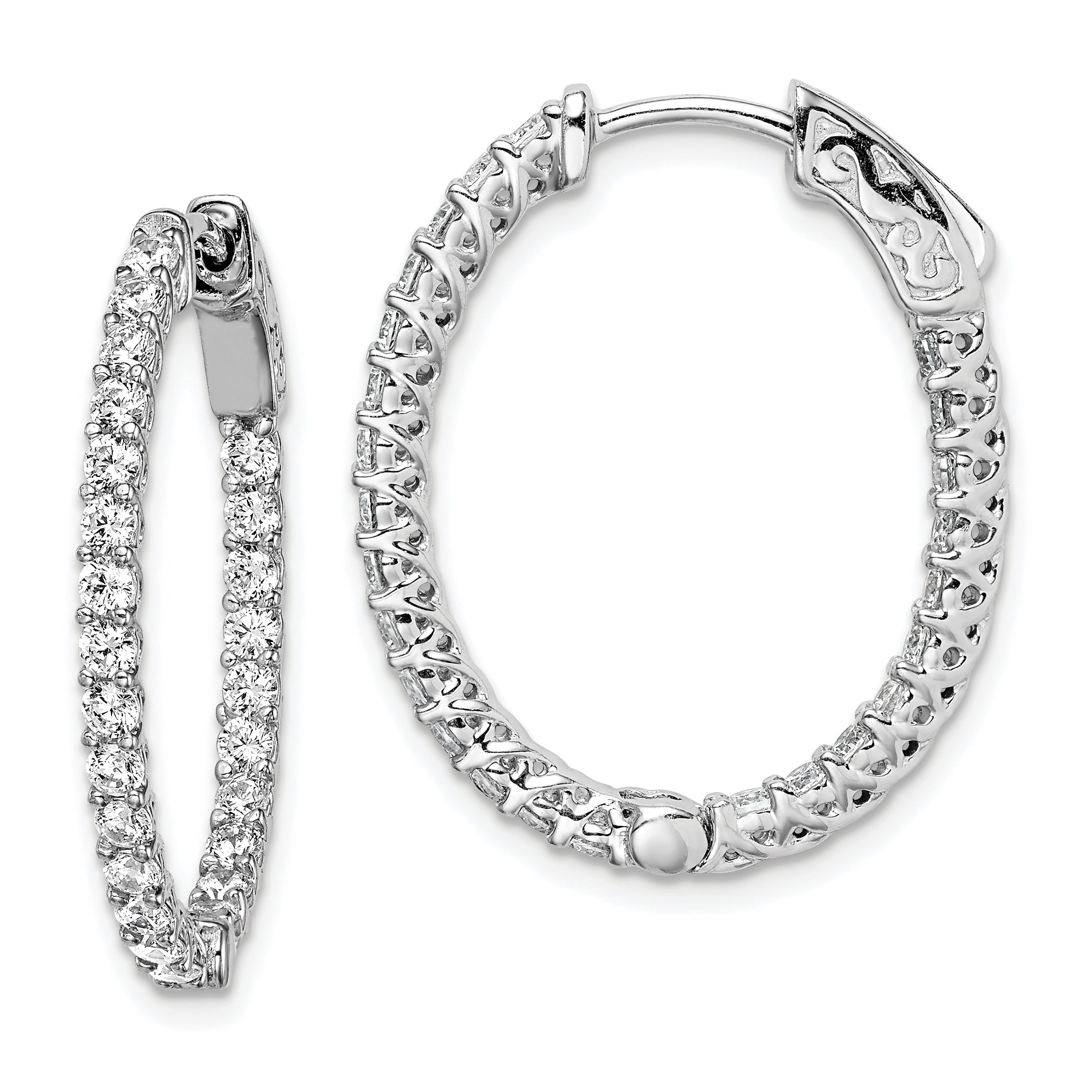 Sterling Shimmer Sterling Silver Rhodium-plated 50 Stone 2mm CZ In and Out Oval Hinged Hoop Earrings Main image