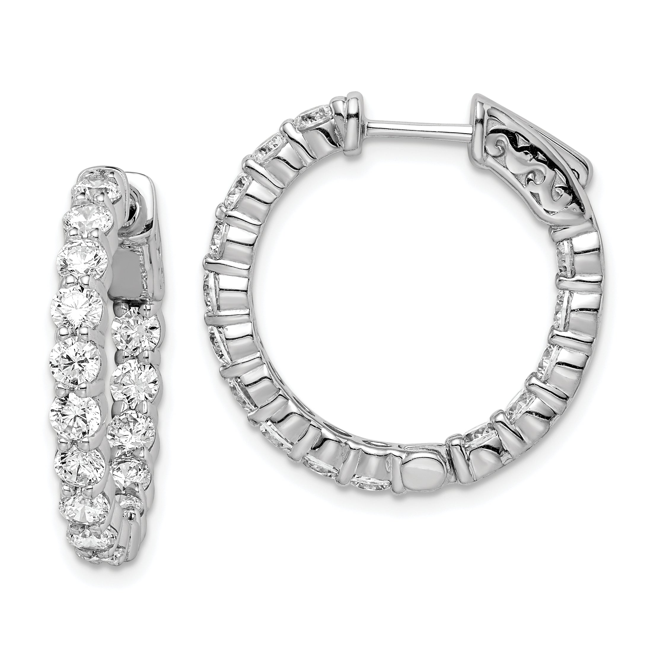 Sterling Shimmer Sterling Silver Rhodium-plated 30 Stone 3mm CZ In and Out Round Hinged Hoop Earrings