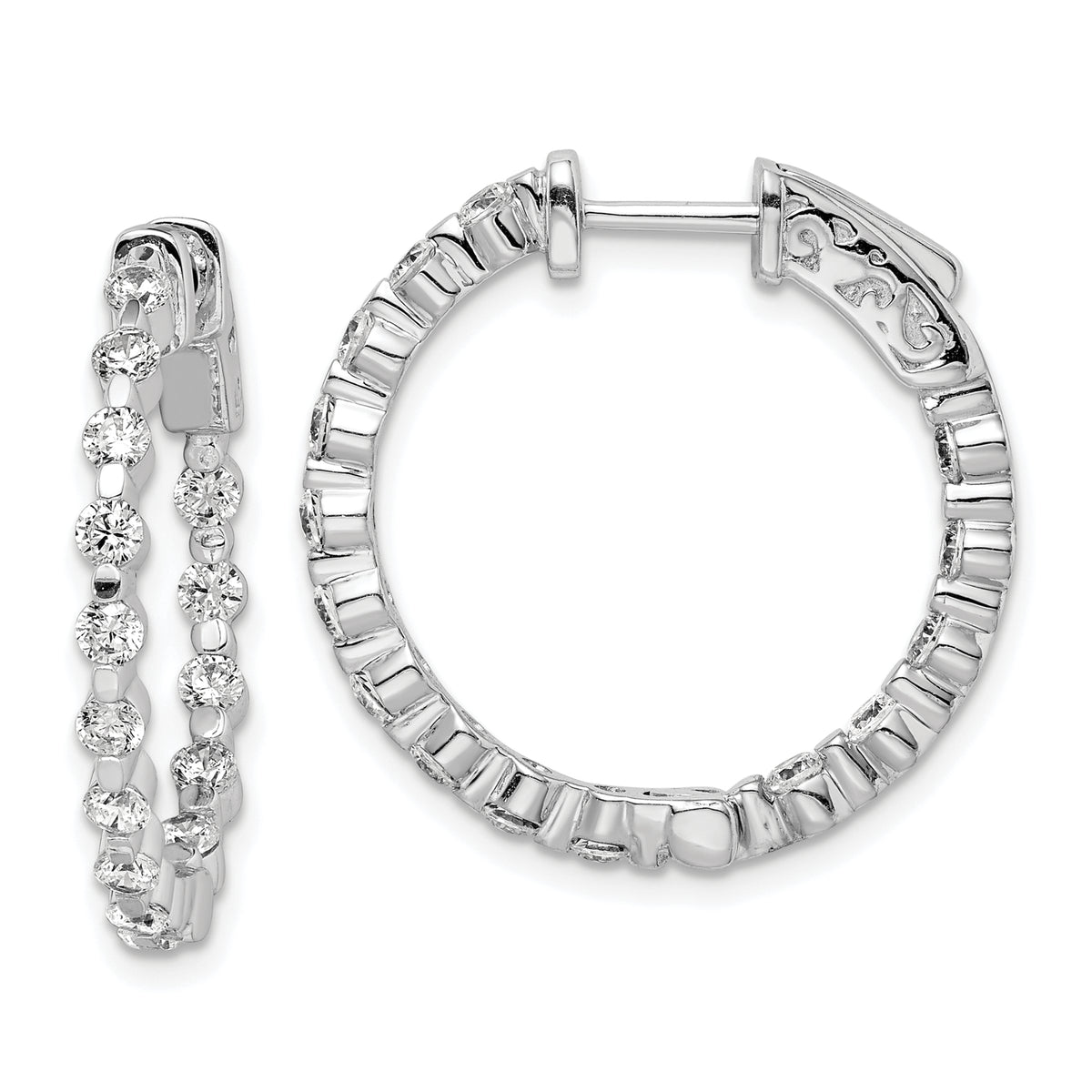 Sterling Shimmer Sterling Silver Rhodium-plated 30 Stone 2.3mm CZ In and Out Round Hinged Hoop Earrings