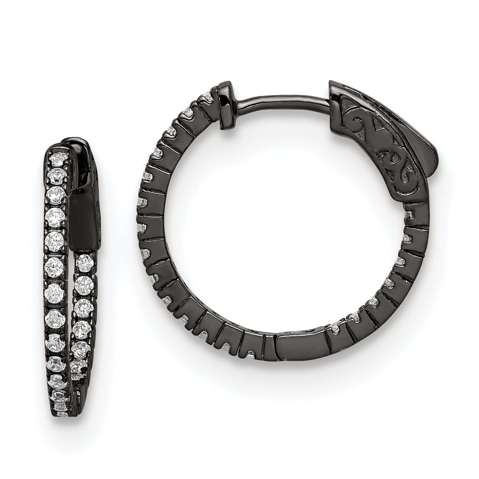 Sterling Shimmer Black Rhodium-plated 42 Stone 1.3mm CZ In and Out Round Hinged Hoop Earrings Main image