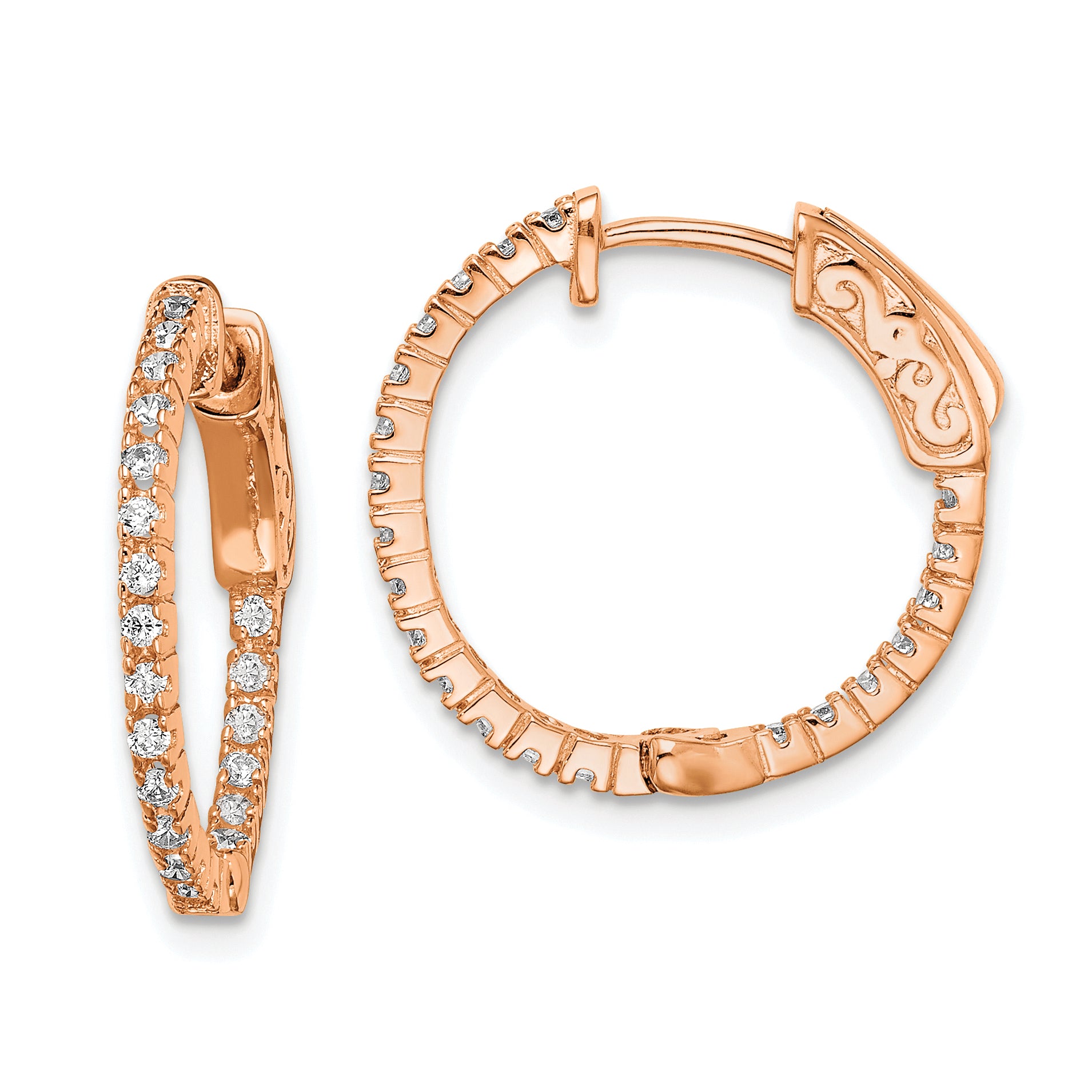 Sterling Shimmer Sterling Silver Rose-tone Rose Gold-plated 40 Stone 1.3mm CZ In and Out Round Hinged Hoop Earrings Main image