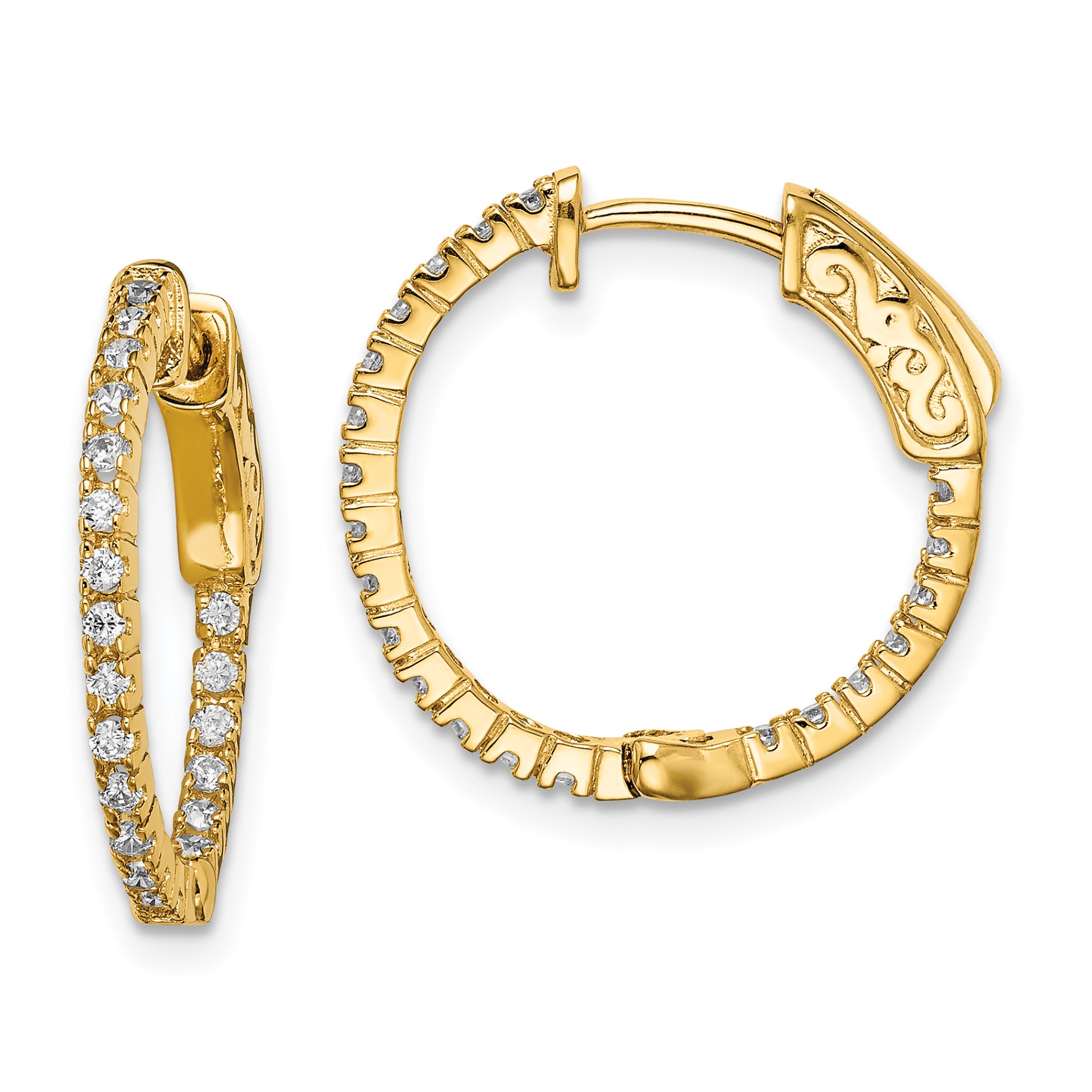 Sterling Shimmer Sterling Silver Gold-tone Flash Gold-plated 42 Stone 1.3mm CZ In and Out Round Hinged Hoop Earrings Main image