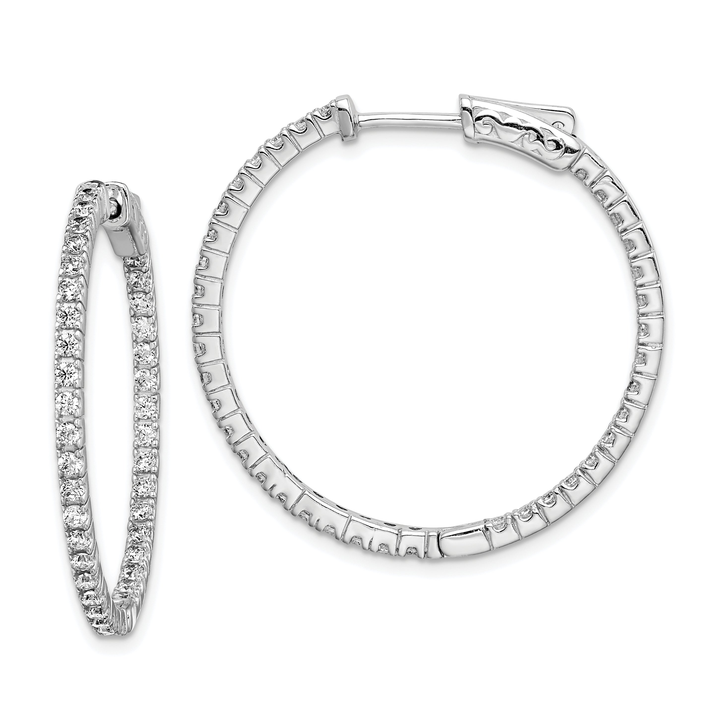 Sterling Shimmer Sterling Silver Rhodium-plated 76 Stone 1.6mm CZ In and Out Round Hinged Hoop Earrings Main image
