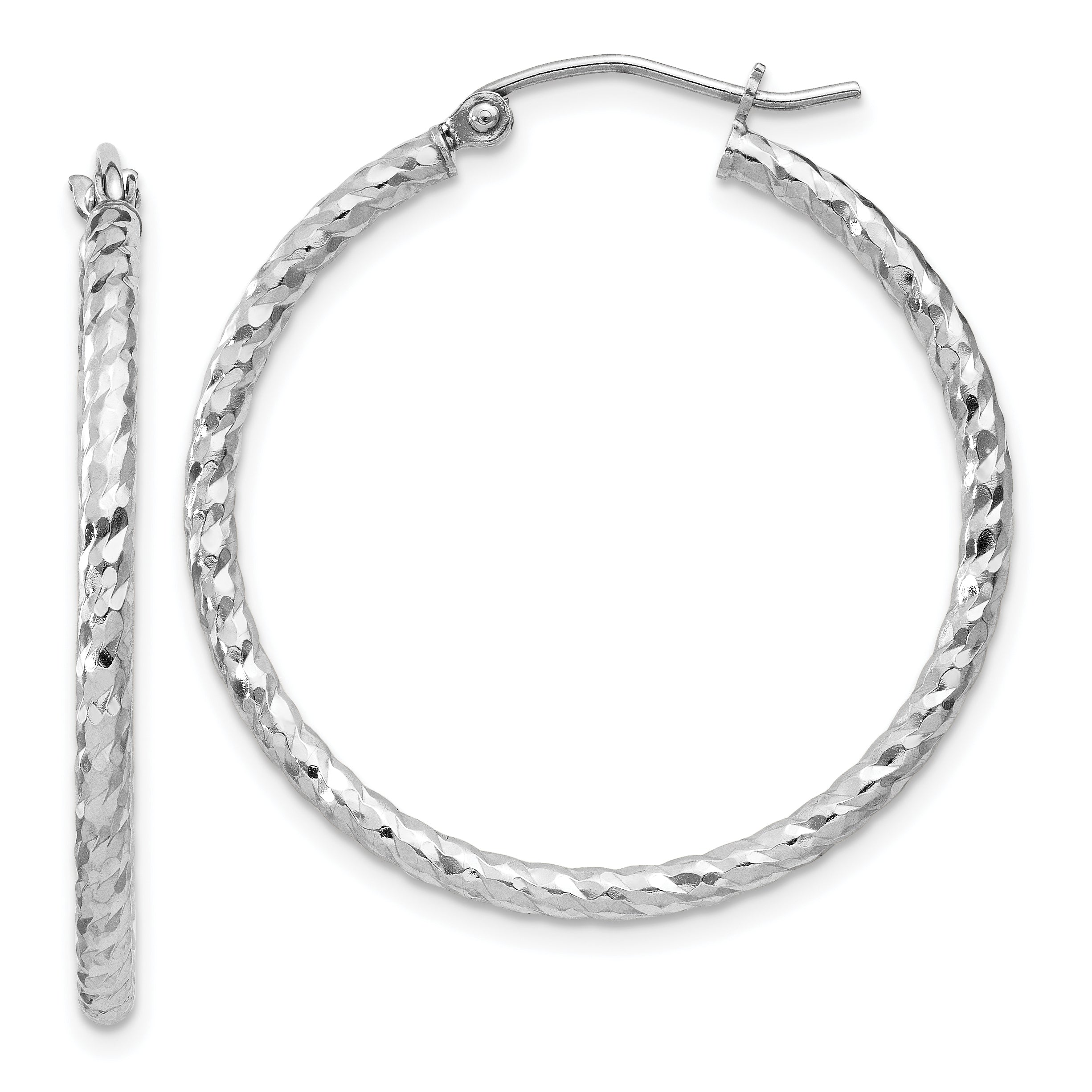Sterling Silver Rhodium Plated Diamond-cut 2x30mm Hoop Earrings Main image