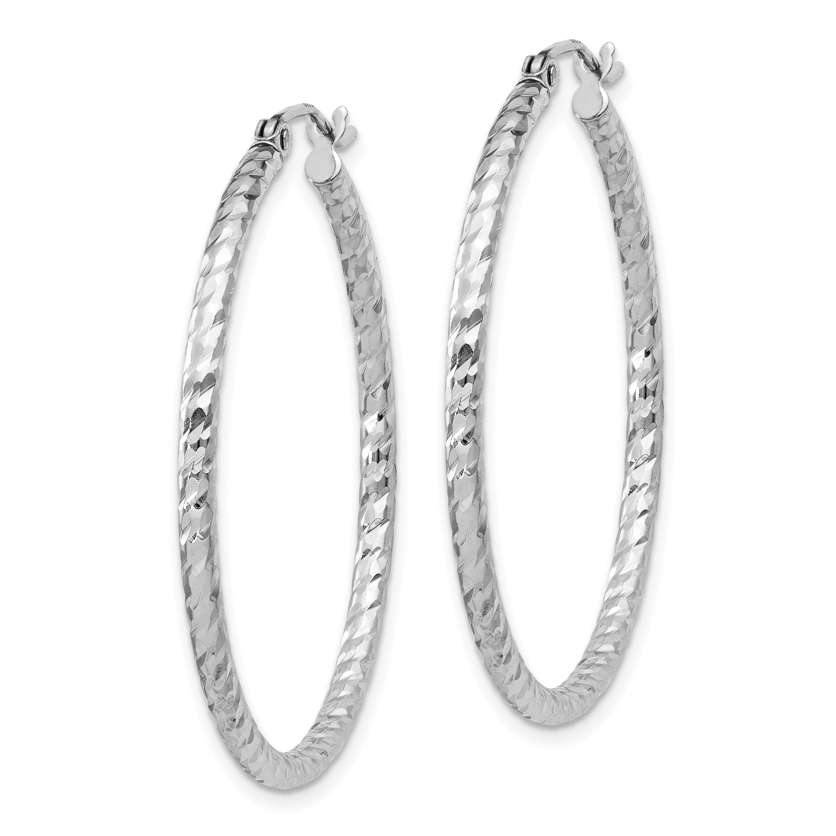 Sterling Silver Rhodium Plated Diamond-cut 2x35mm Hoop Earrings Secondary image