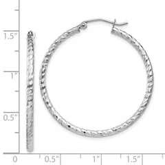 Sterling Silver Rhodium Plated Diamond-cut 2x35mm Hoop Earrings
