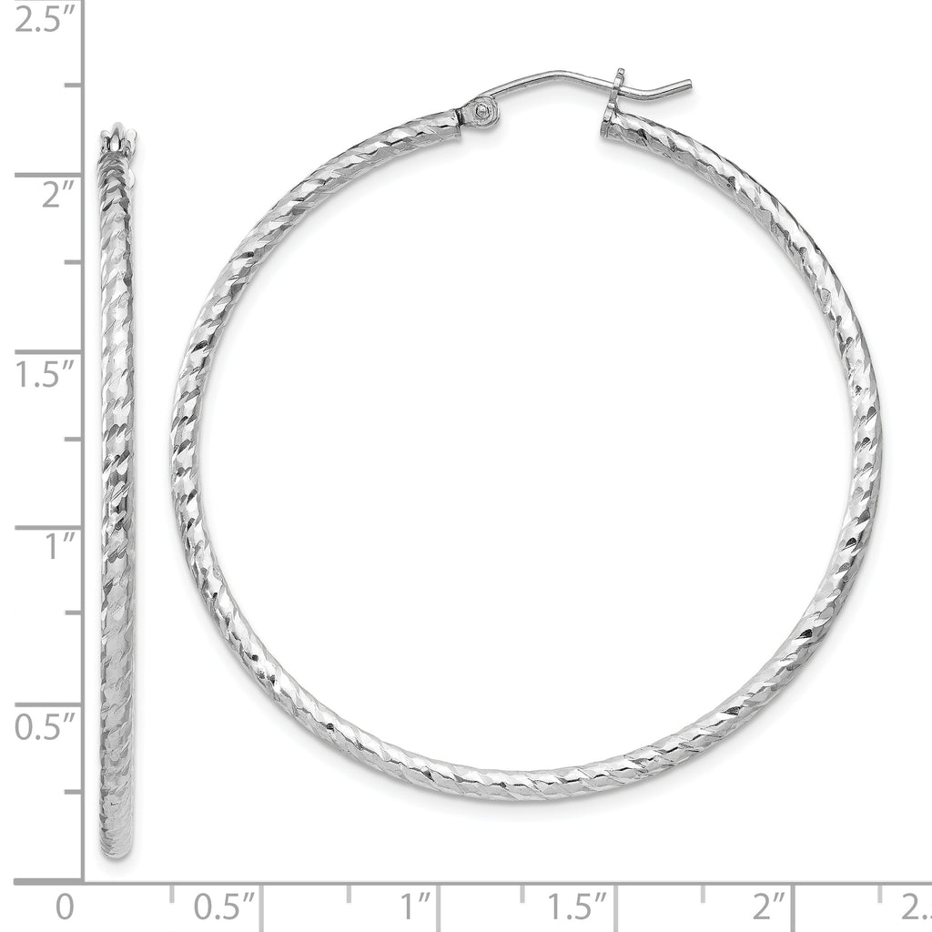 Sterling Silver Rhodium Plated Diamond-cut 2x50mm Hoop Earrings