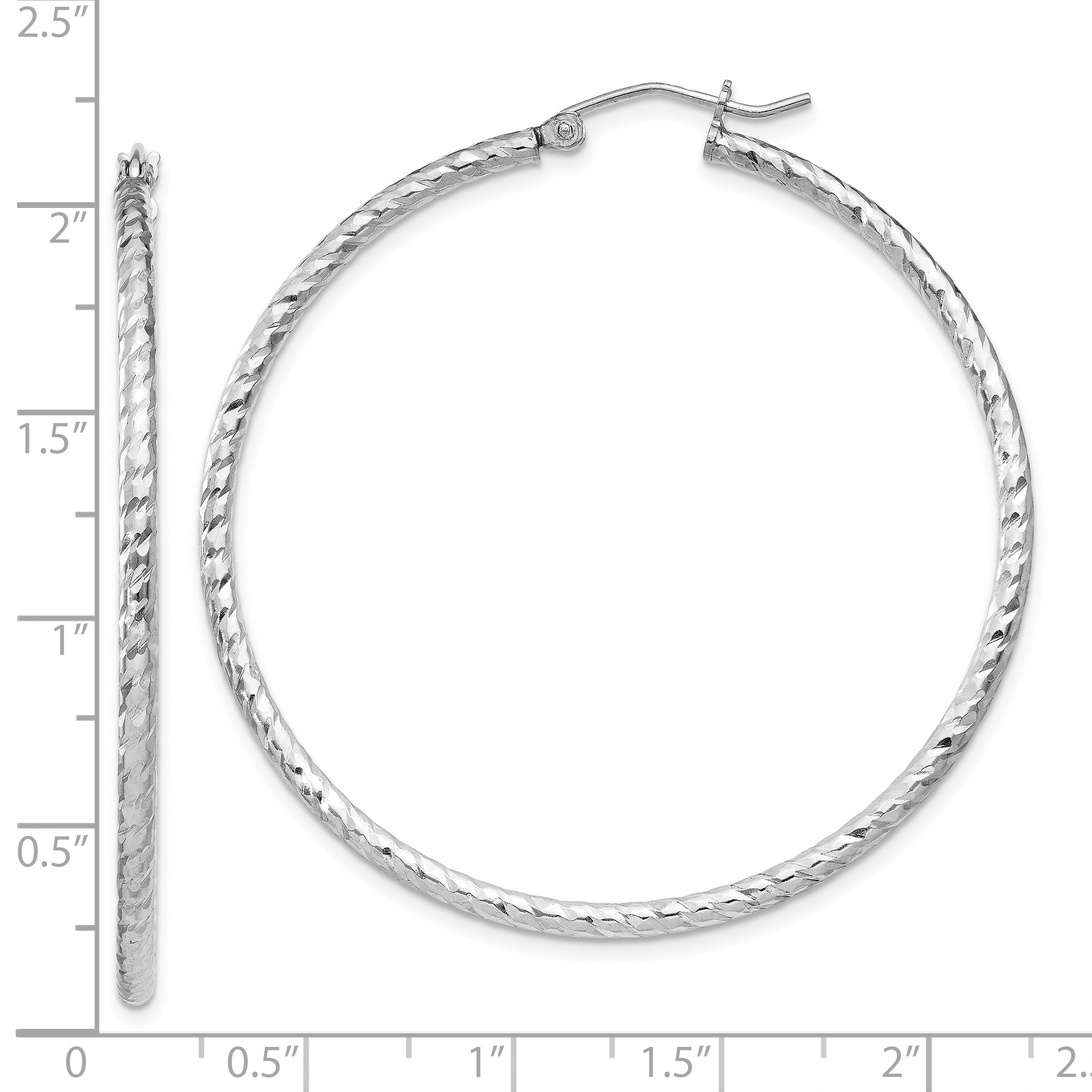 Sterling Silver Rhodium Plated Diamond-cut 2x50mm Hoop Earrings