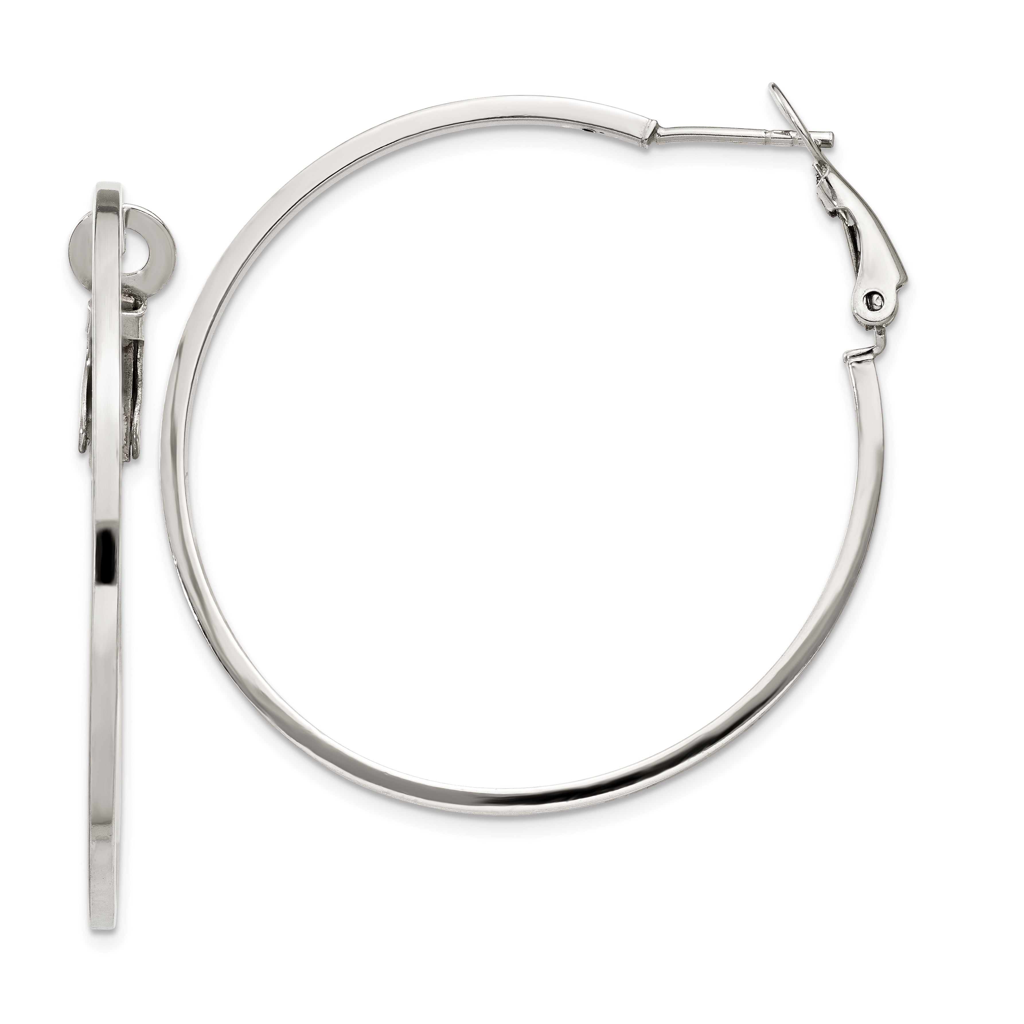 Sterling Silver RH-plated 1.5x40mm Omega Back Round Hoop Earrings