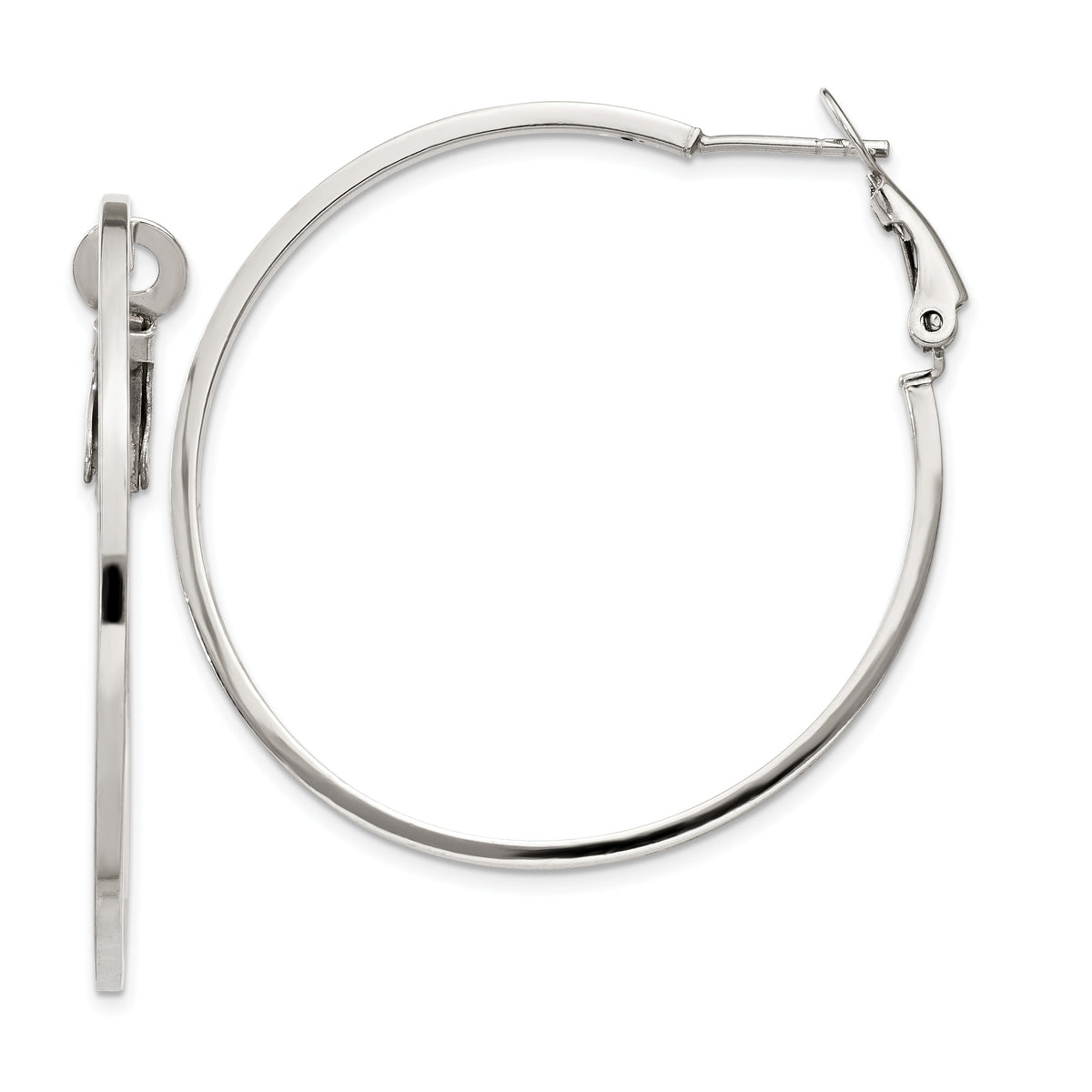 Sterling Silver RH-plated 1.5x40mm Omega Back Round Hoop Earrings