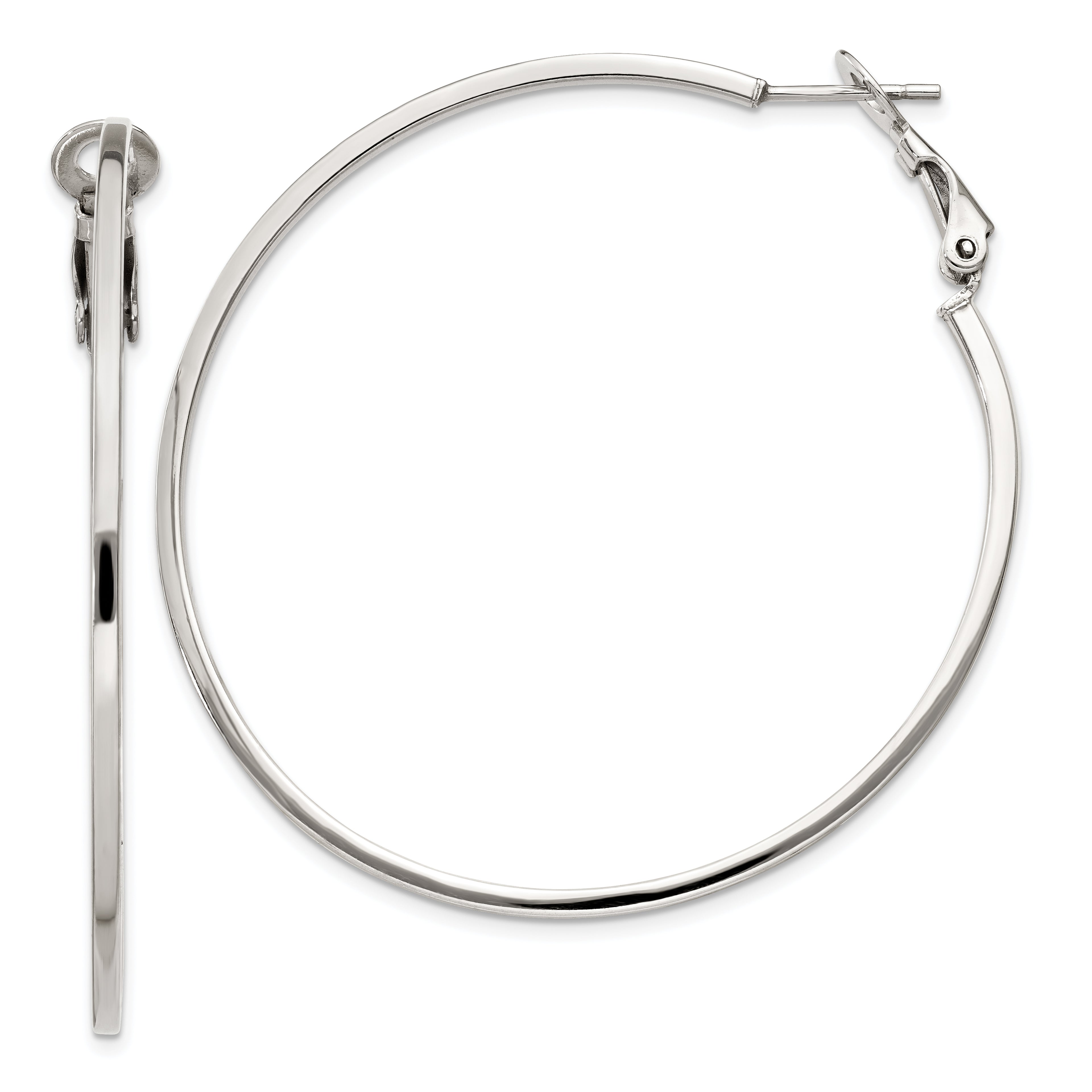 Sterling Silver RH-plated 1.5x50mm Omega Back Round Hoop Earrings