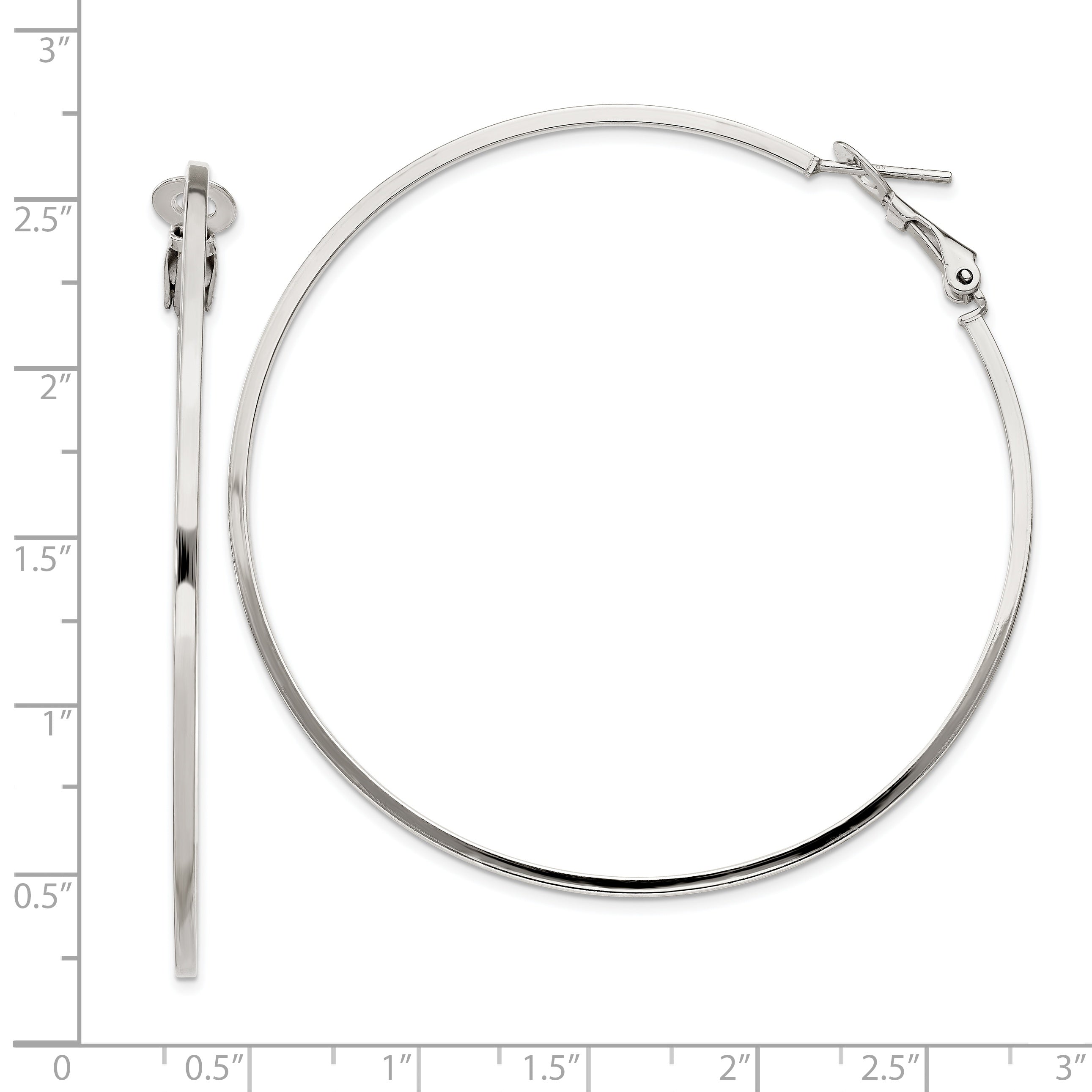 Sterling Silver RH-plated 1.5x60mm Omega Back Round Hoop Earrings