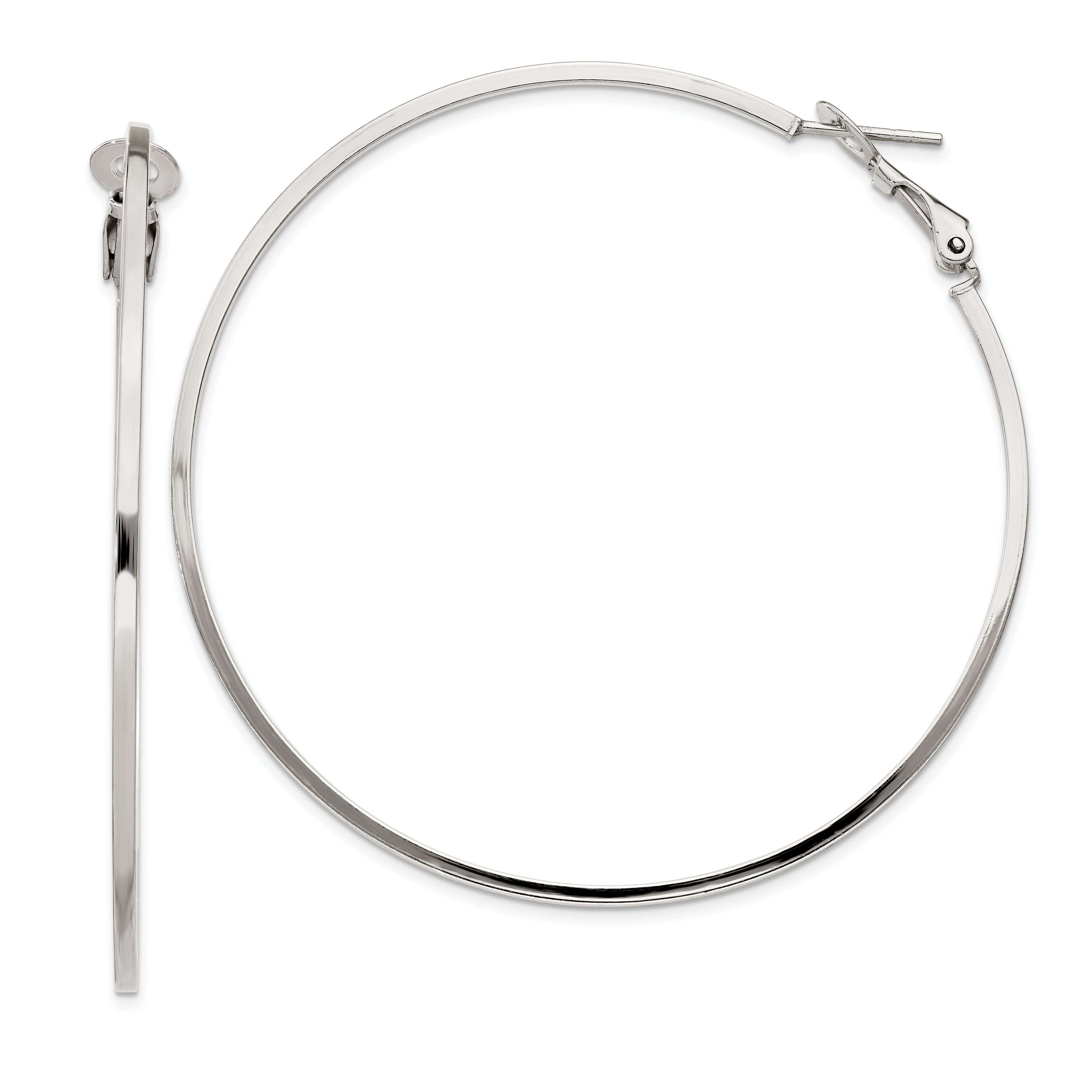 Sterling Silver RH-plated 1.5x60mm Omega Back Round Hoop Earrings