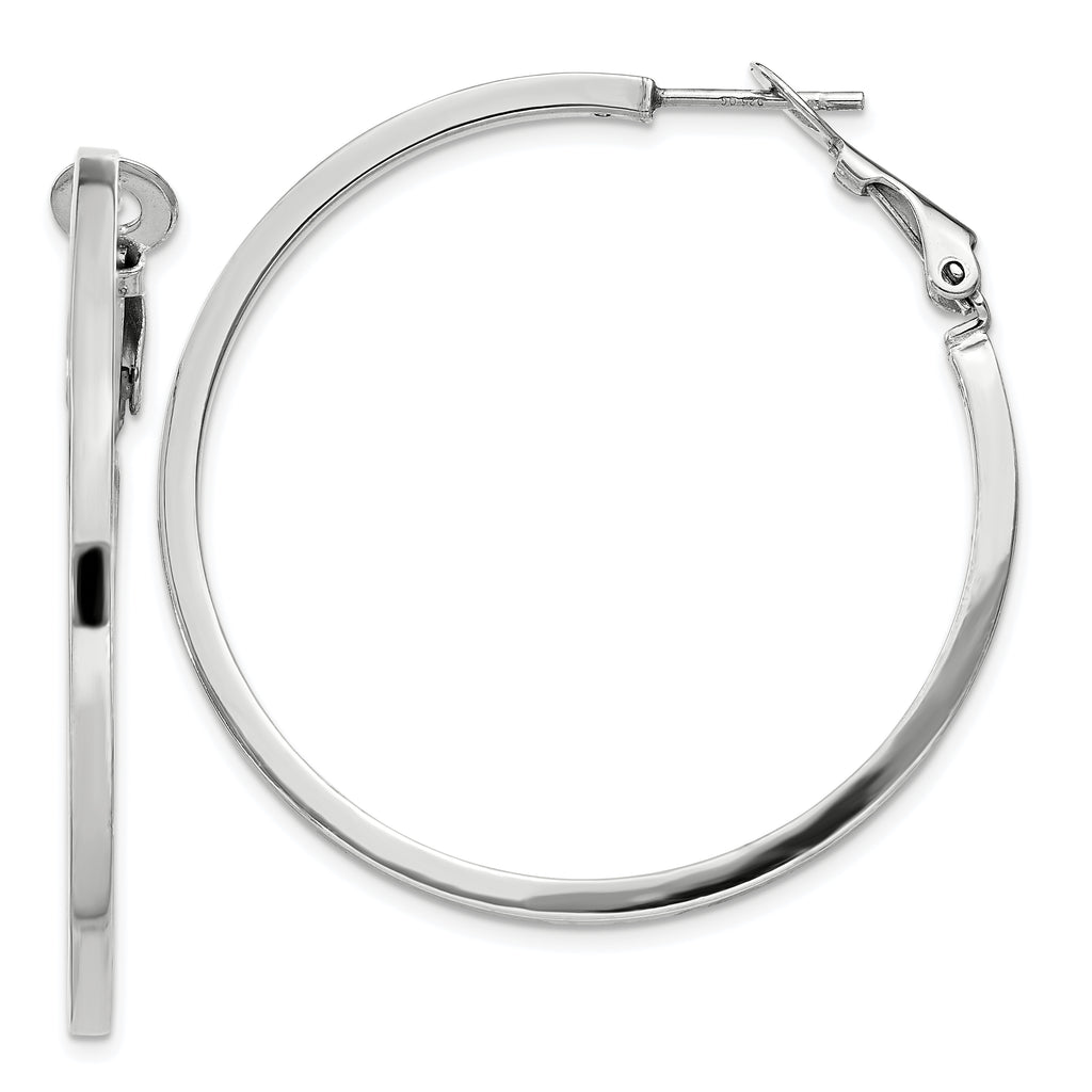 Sterling Silver RH-plated 2x40mm Omega Back Round Hoop Earrings