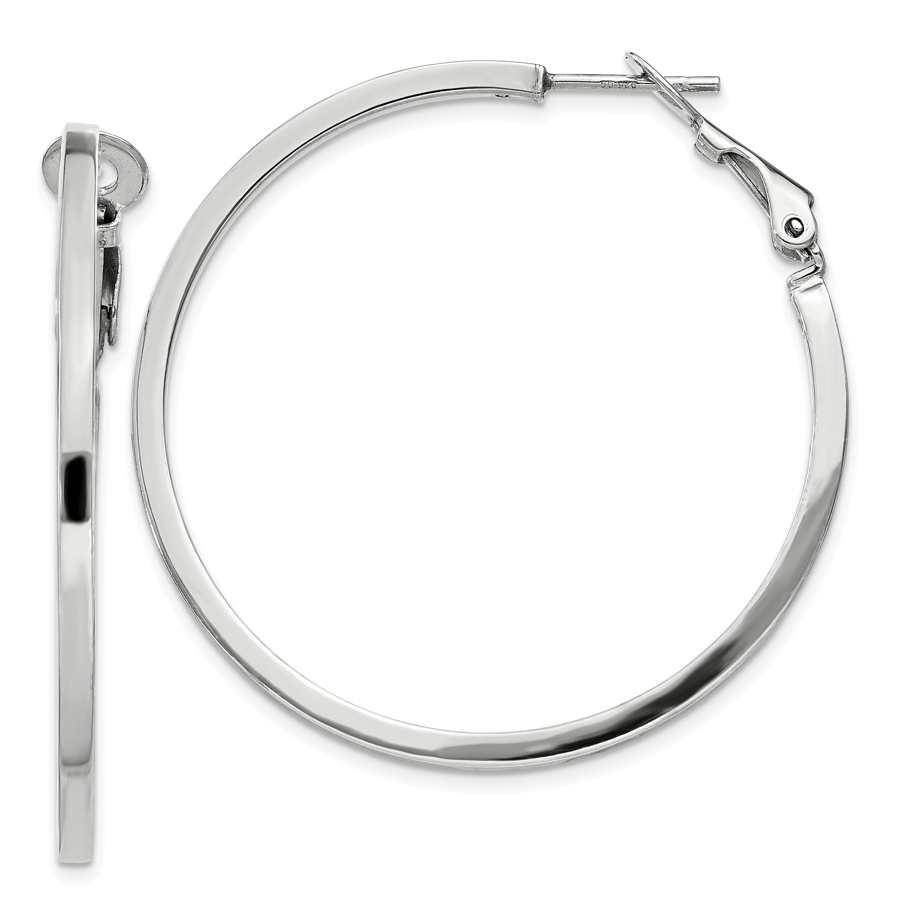 Sterling Silver RH-plated 2x40mm Omega Back Round Hoop Earrings