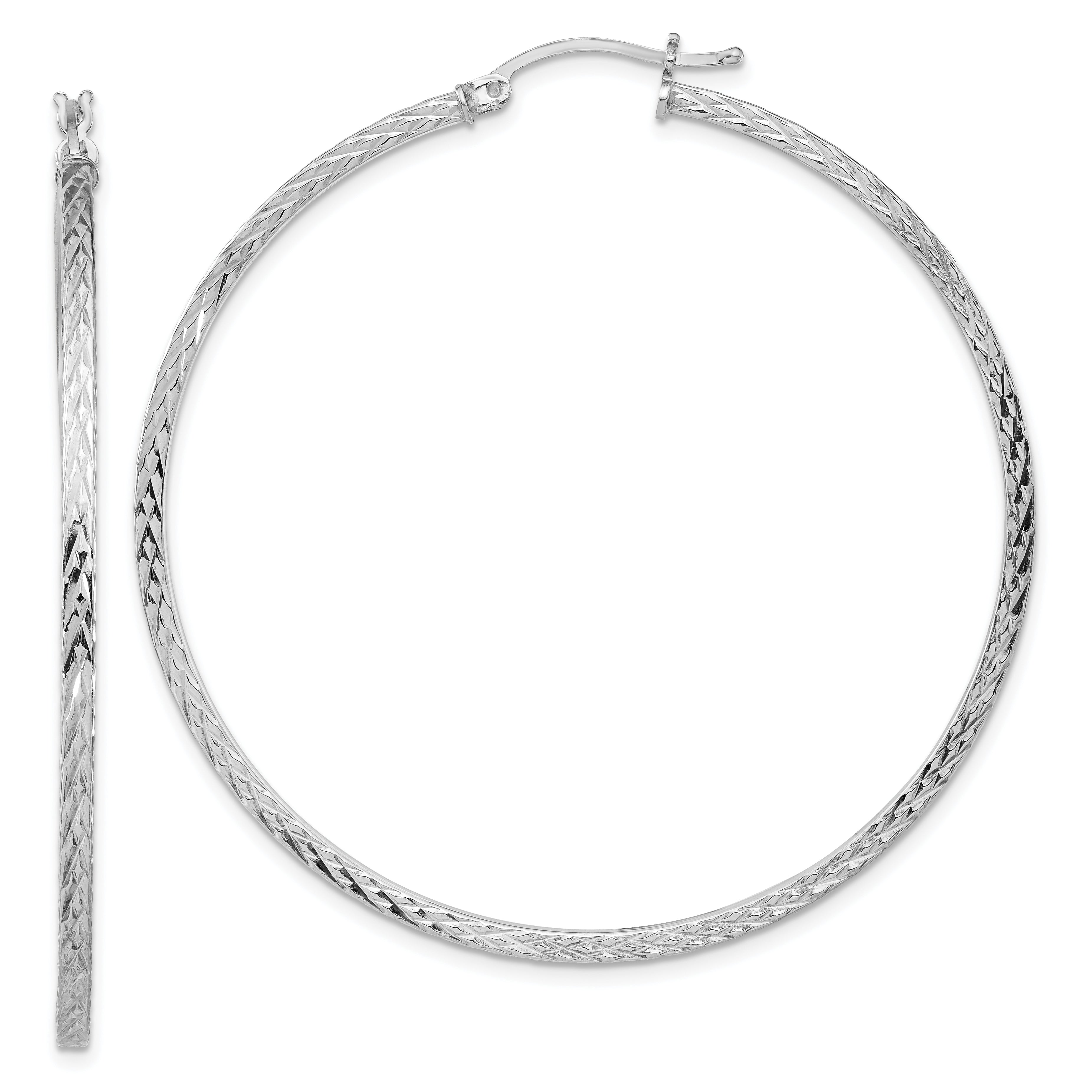 Sterling Silver Rhodium-plated Diamond-cut 2x55mm Square Tube Hoop Earrings