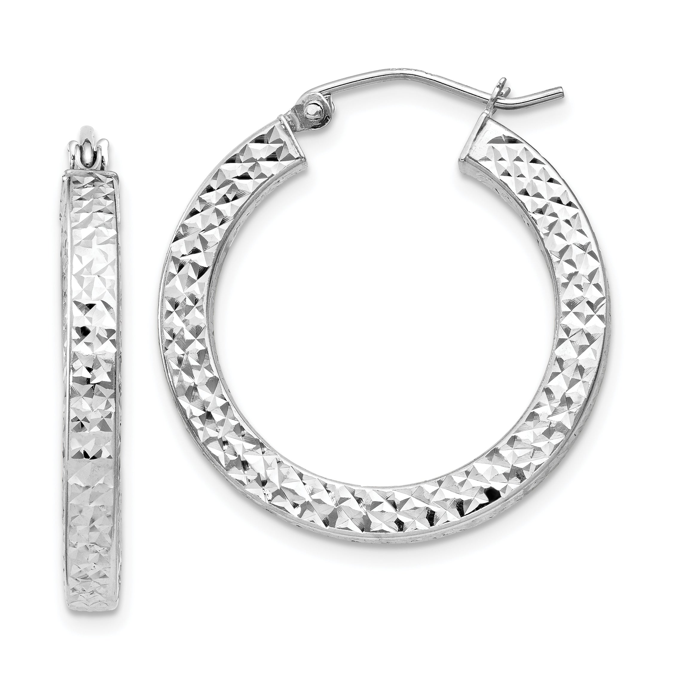 Sterling Silver Rhodium-plated Diamond-cut 3x25mm Square Tube Hoop Earrings Main image