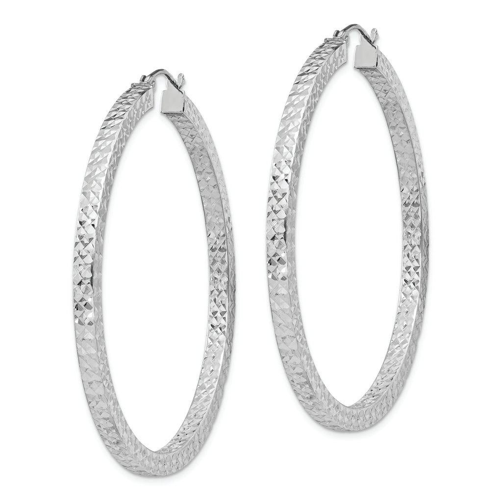 Sterling Silver Rhodium-plated Diamond-cut 3x50mm Square Tube Hoop Earrings