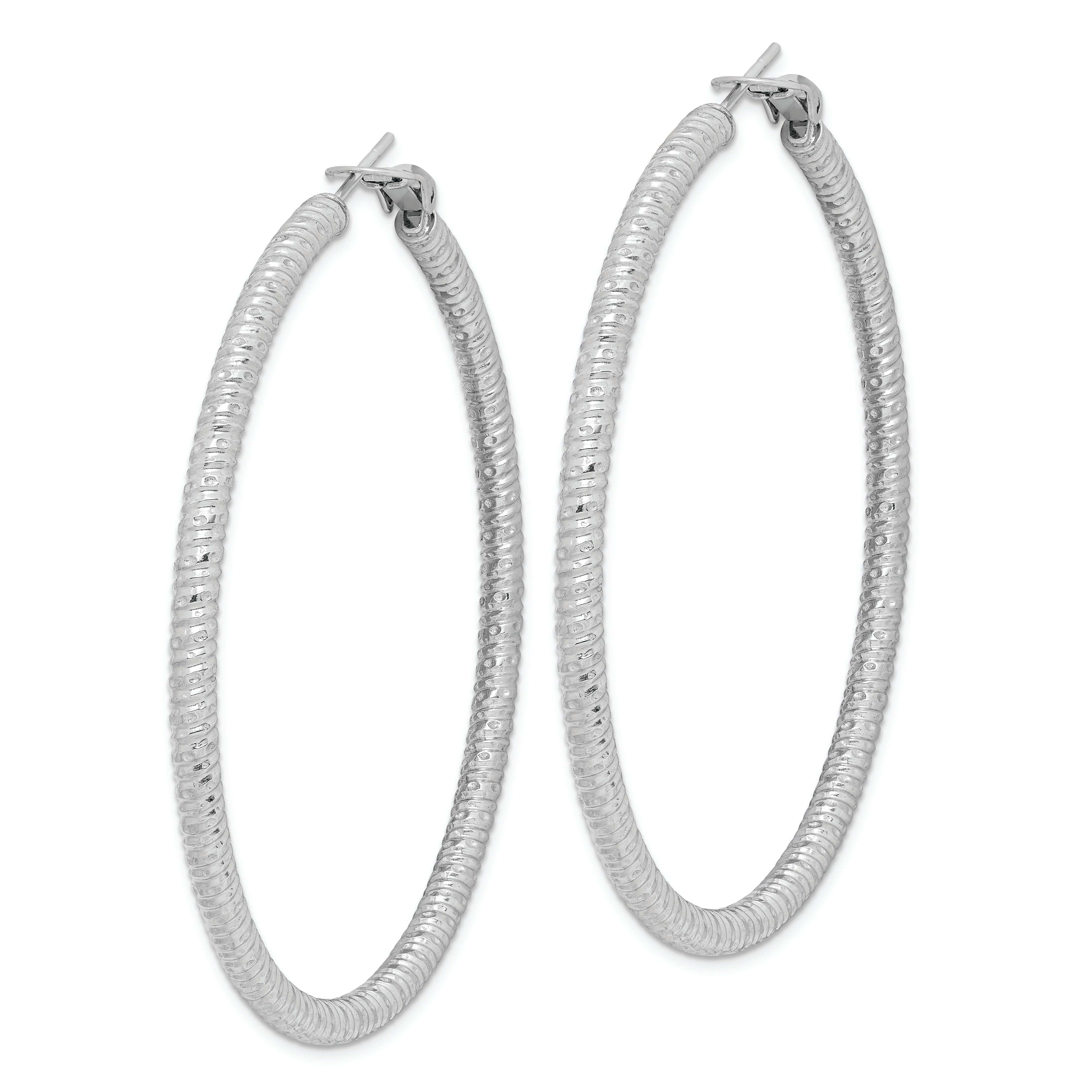 Sterling Silver Rhod-plated 3.25x60mm Omega Back Hoop Earrings