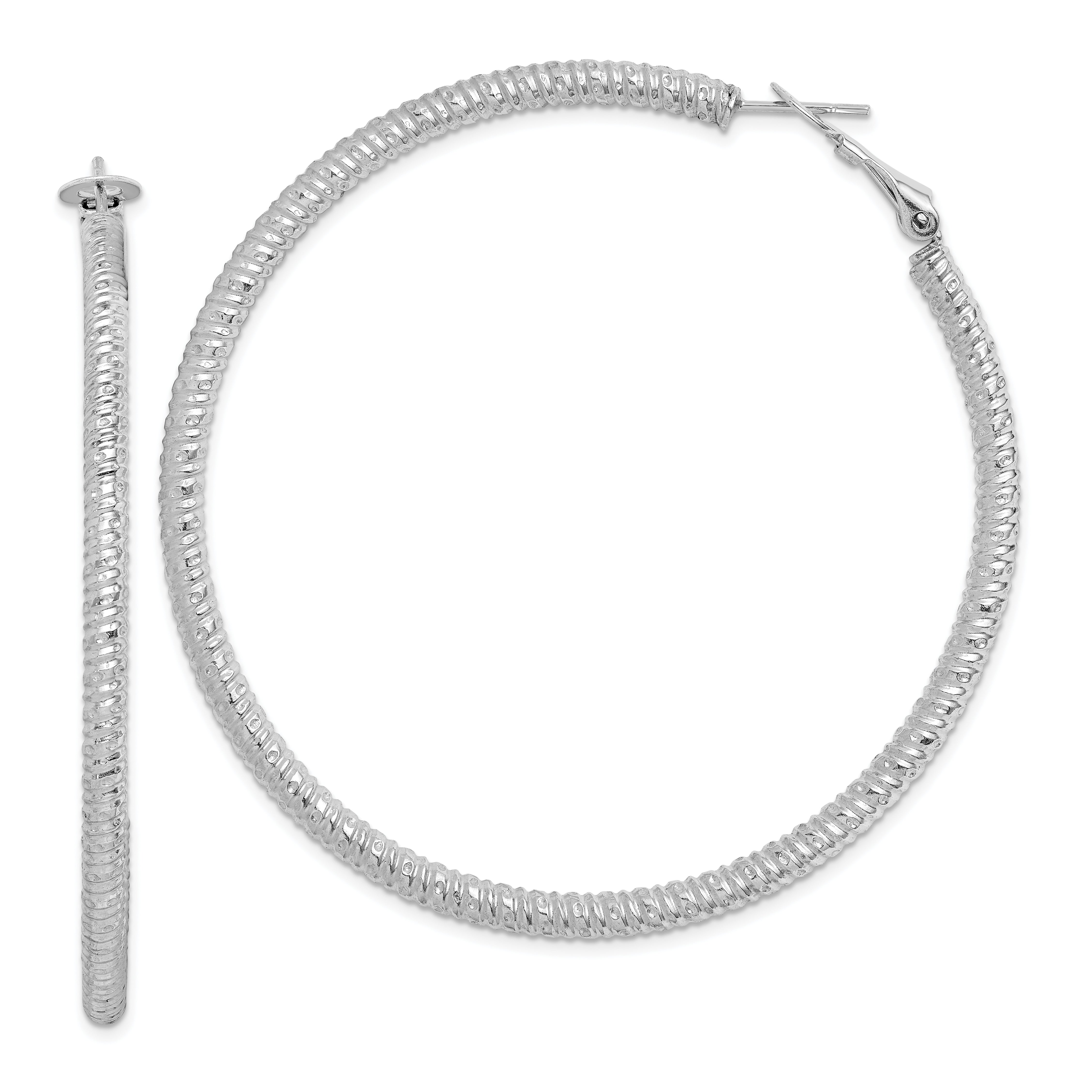 Sterling Silver Rhod-plated 3.25x60mm Omega Back Hoop Earrings