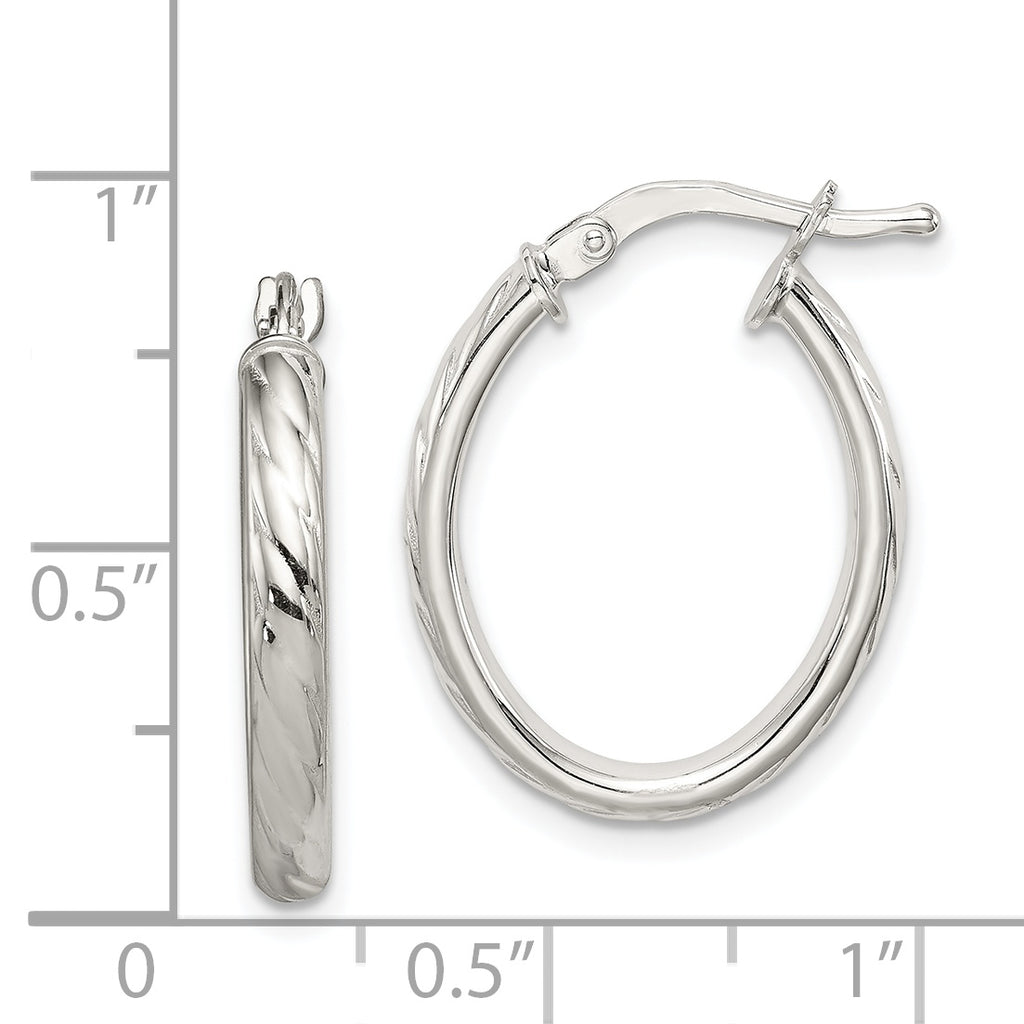 Sterling Silver Rhod-plated Textured 3mm Hollow Oval Hoop Earrings