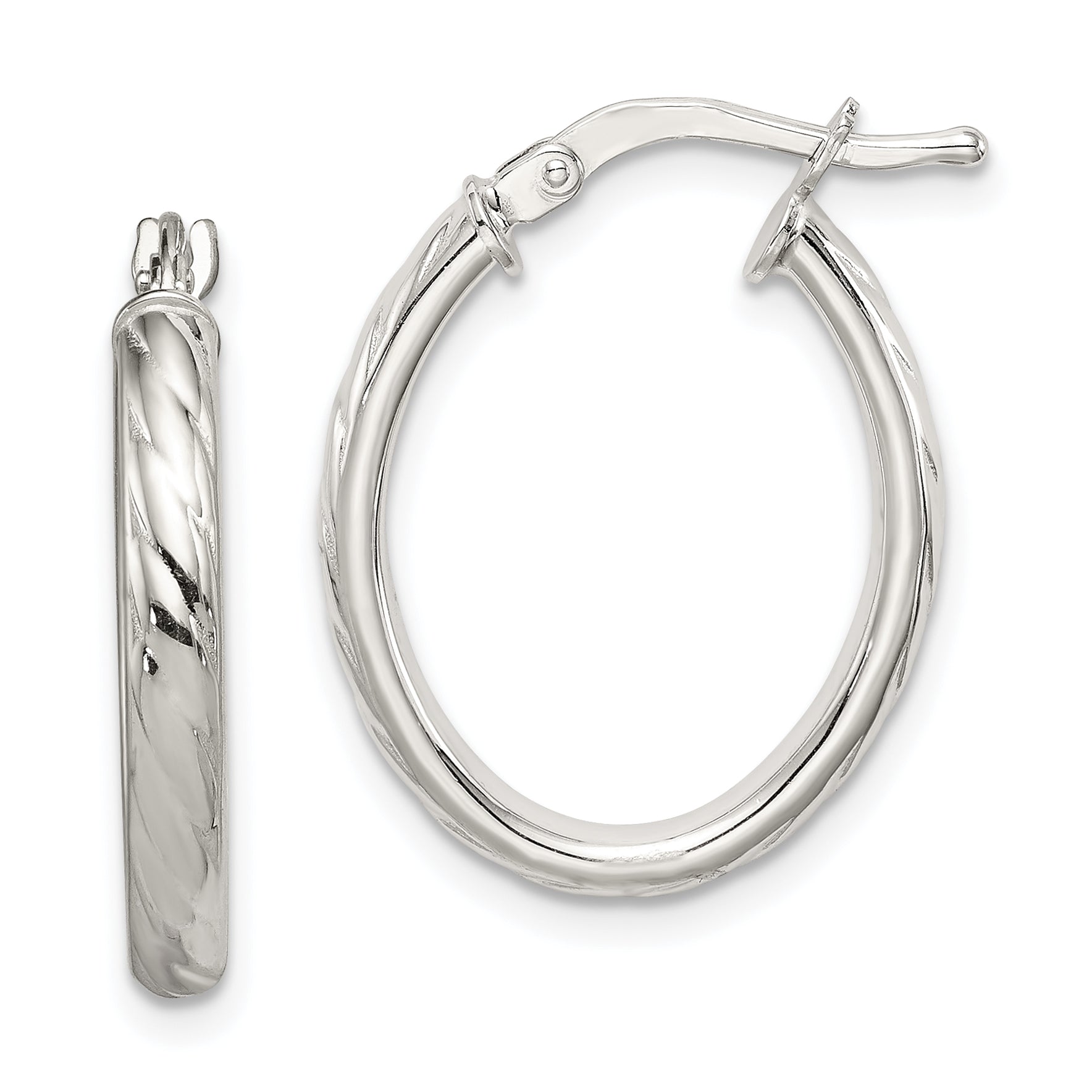Sterling Silver Rhod-plated Textured 3mm Hollow Oval Hoop Earrings Main image