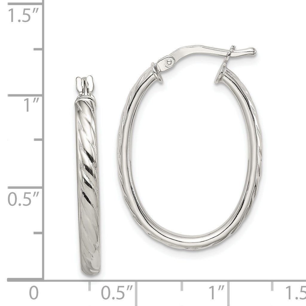 Sterling Silver Rhod-plated Textured 3mm Hollow Oval Hoop Earrings