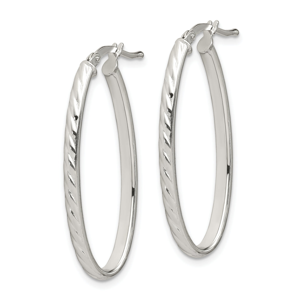 Sterling Silver Rhod-plated Textured 3mm Hollow Oval Hoop Earrings