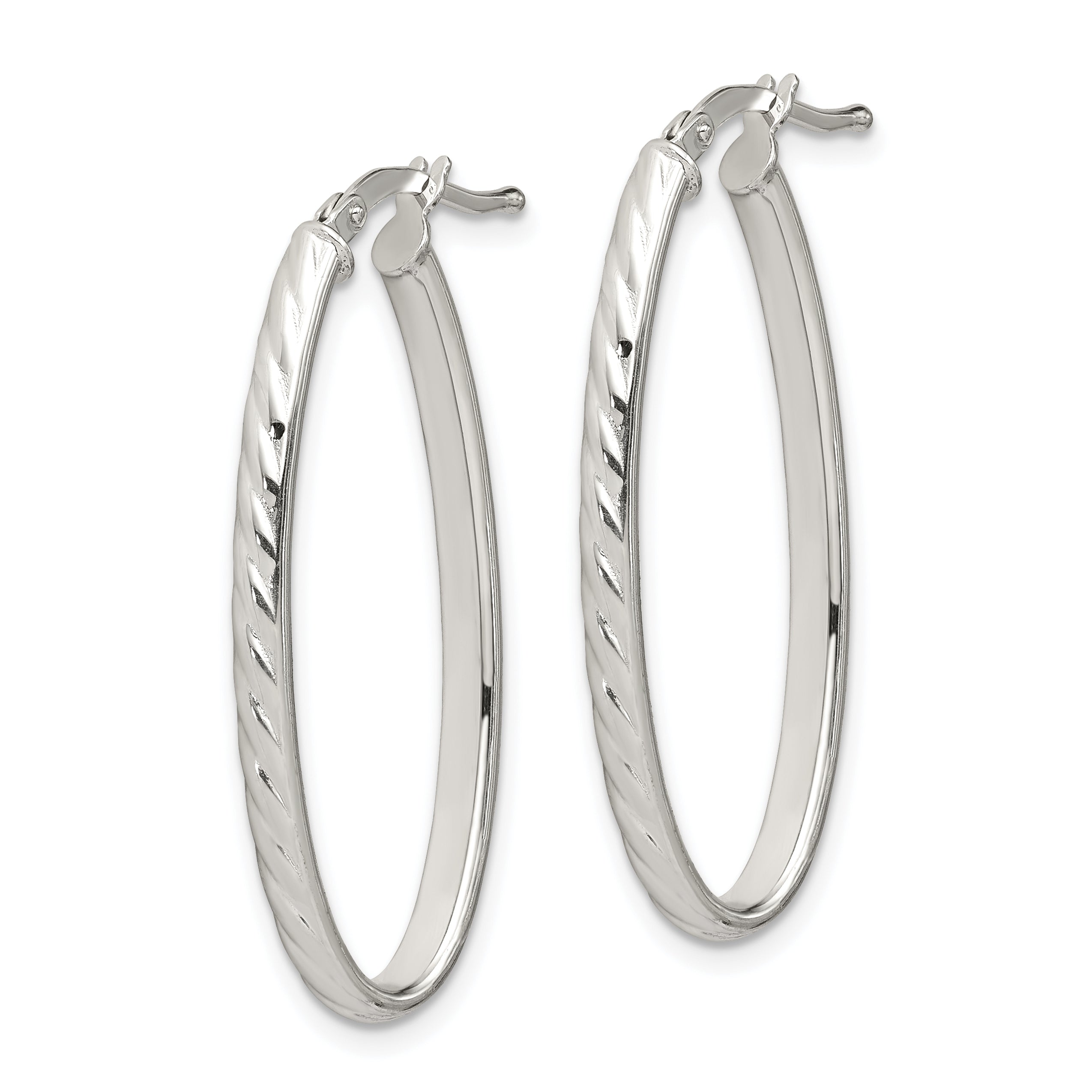 Sterling Silver Rhod-plated Textured 3mm Hollow Oval Hoop Earrings