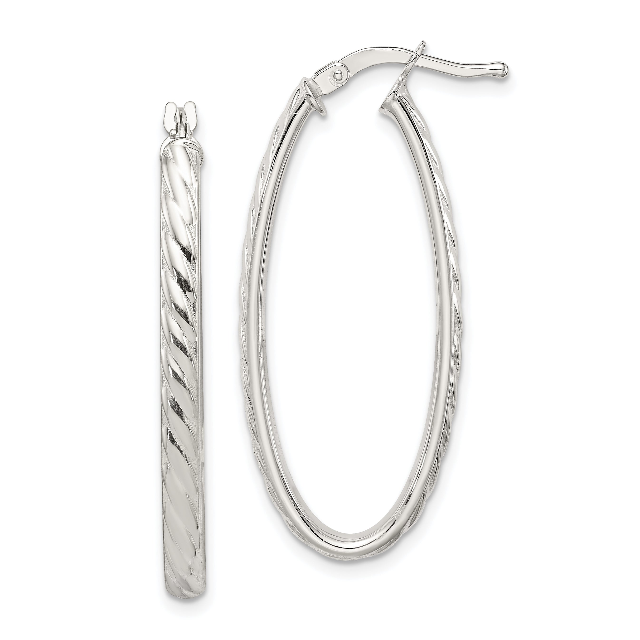 Sterling Silver Rhod-plated Textured 3mm Hollow Oval Hoop Earrings Main image