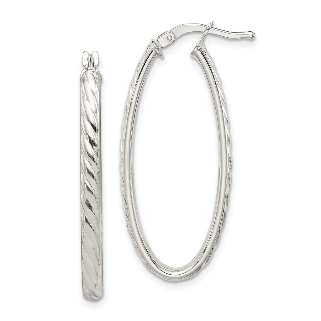 Sterling Silver Rhod-plated Textured 3mm Hollow Oval Hoop Earrings