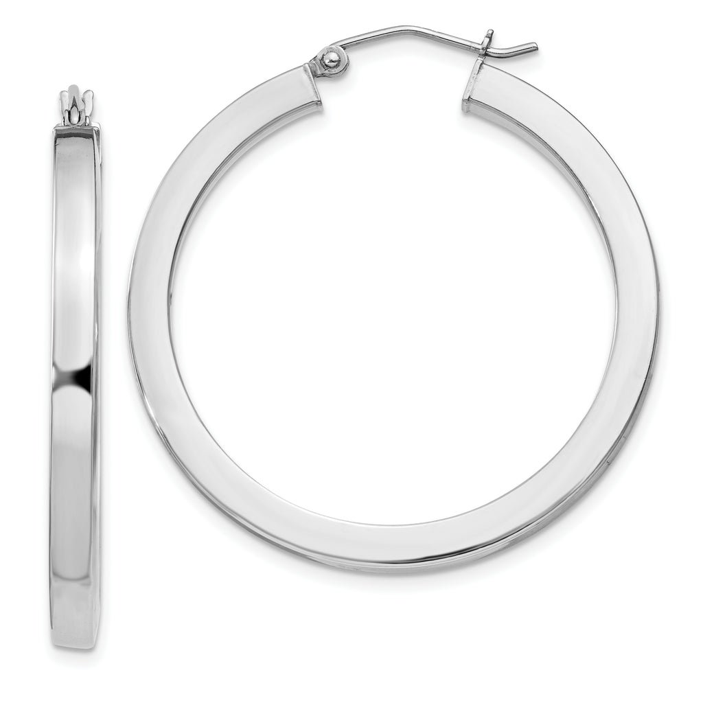 Sterling Silver Rhodium-plated 3x35mm Square Tube Hoop Earrings