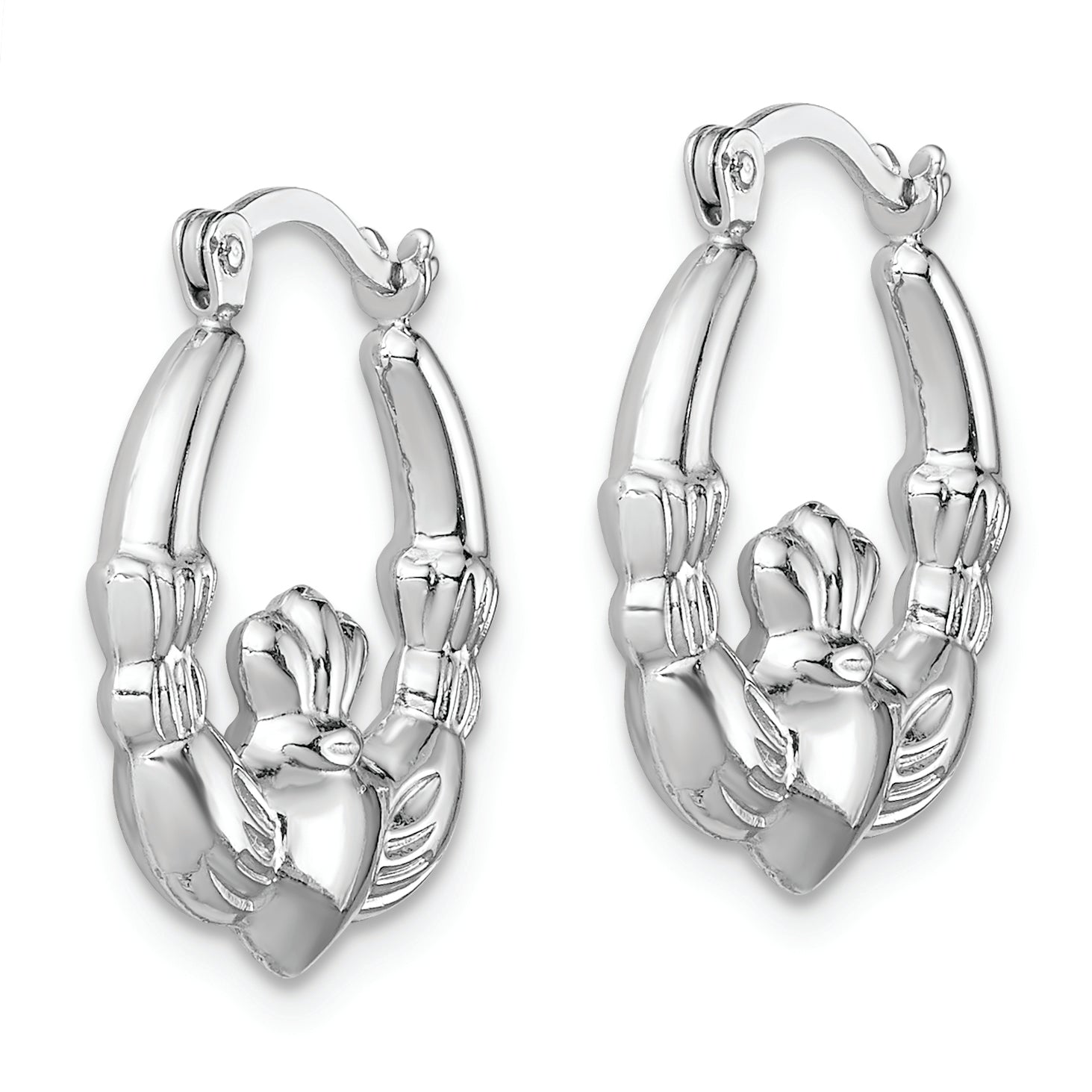 Sterling Silver Rhodium-lated Claddagh Hollow Round Hoop Earrings Secondary image