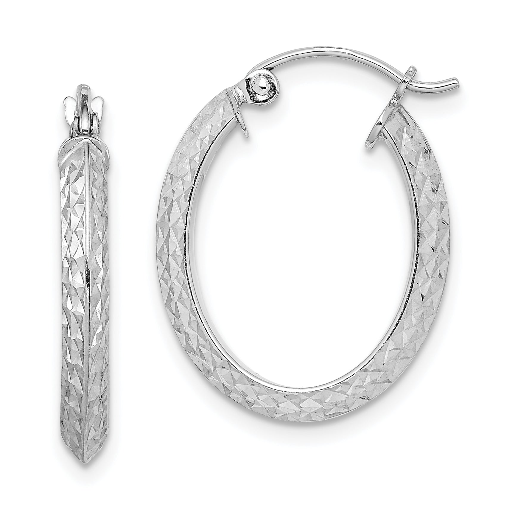 Sterling Silver Rhodium Plated Diamond Cut Oval Hoop Earrings Main image