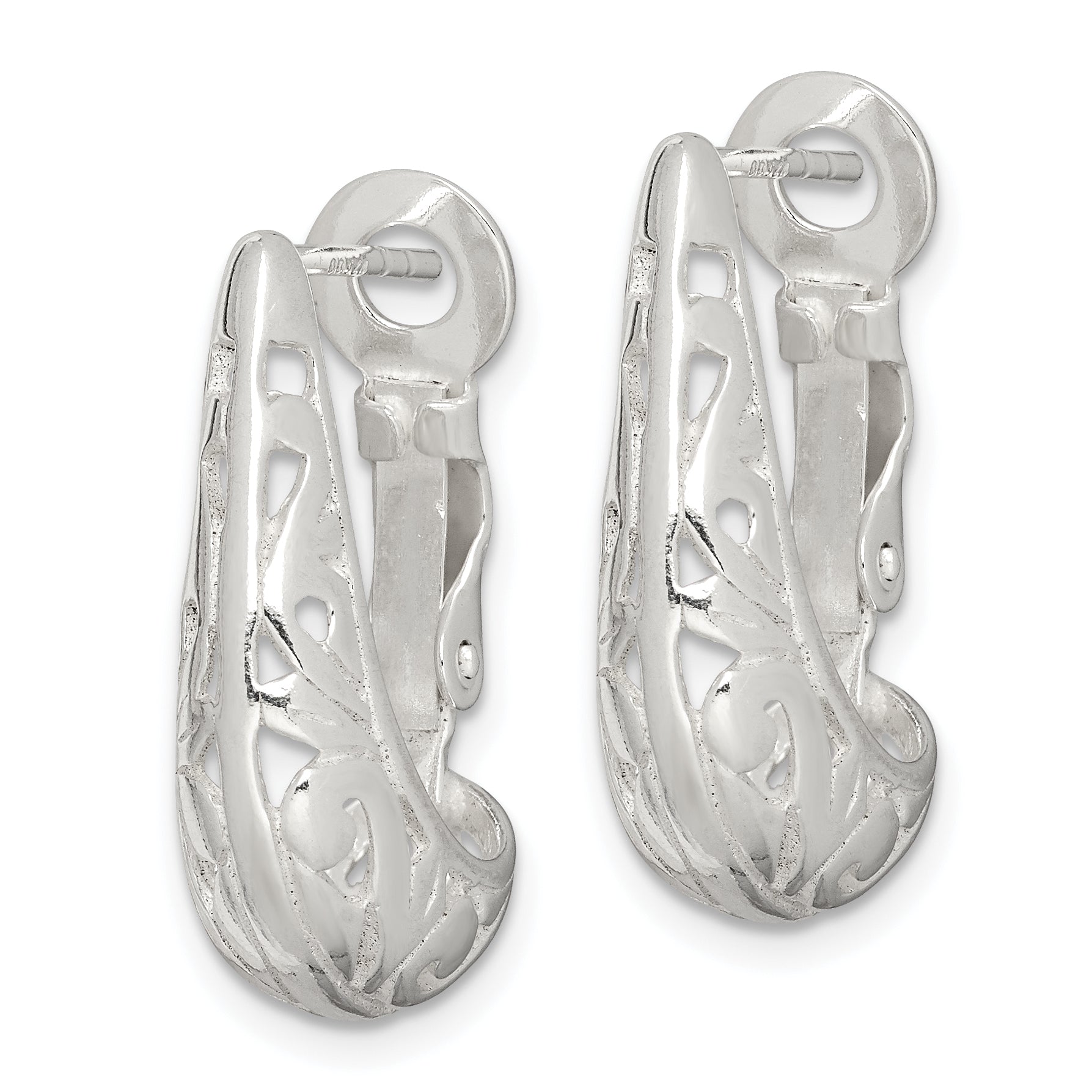 Sterling Silver Polished & Filigree Omega Back J-Hoop Earrings Secondary image