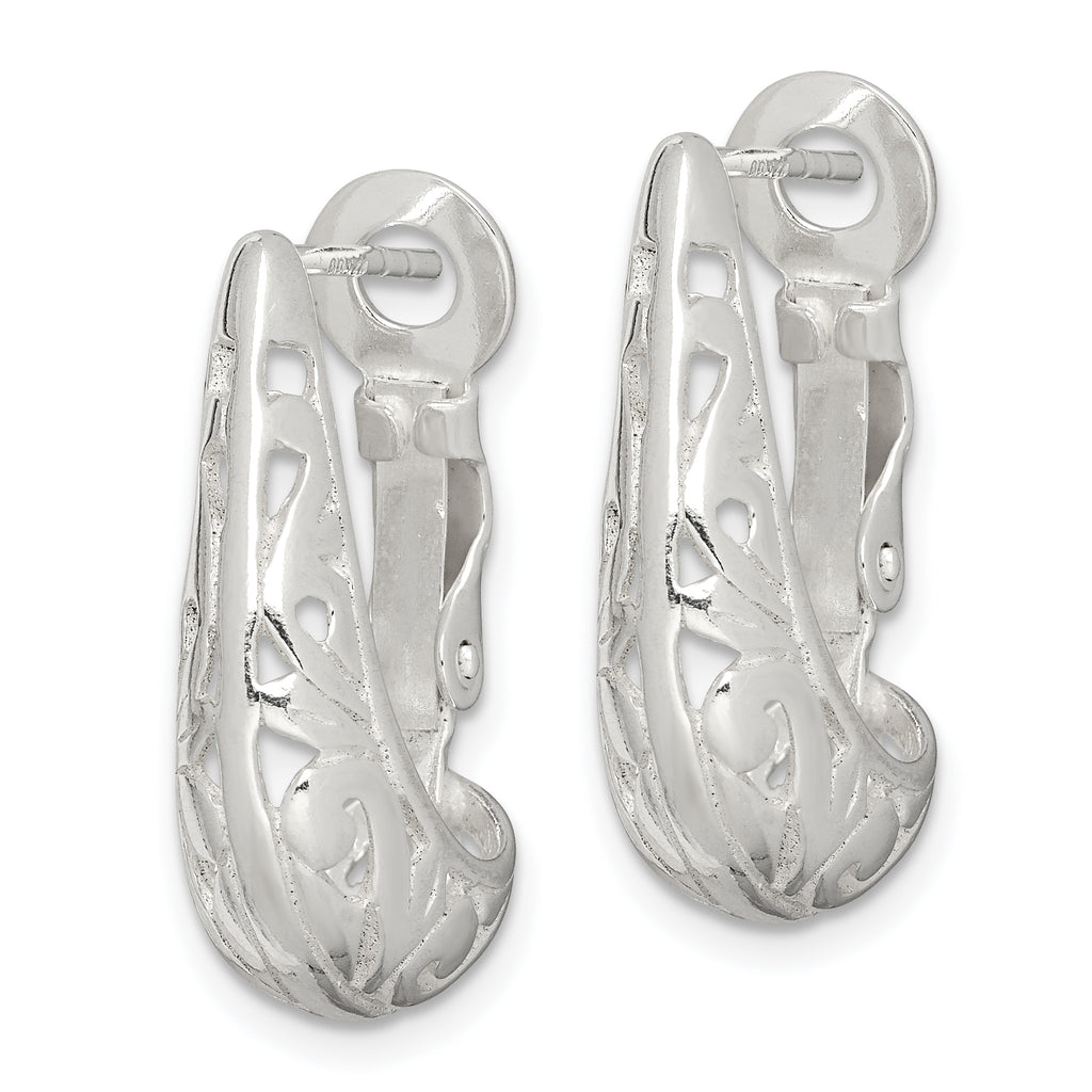 Sterling Silver Polished & Filigree Omega Back J-Hoop Earrings