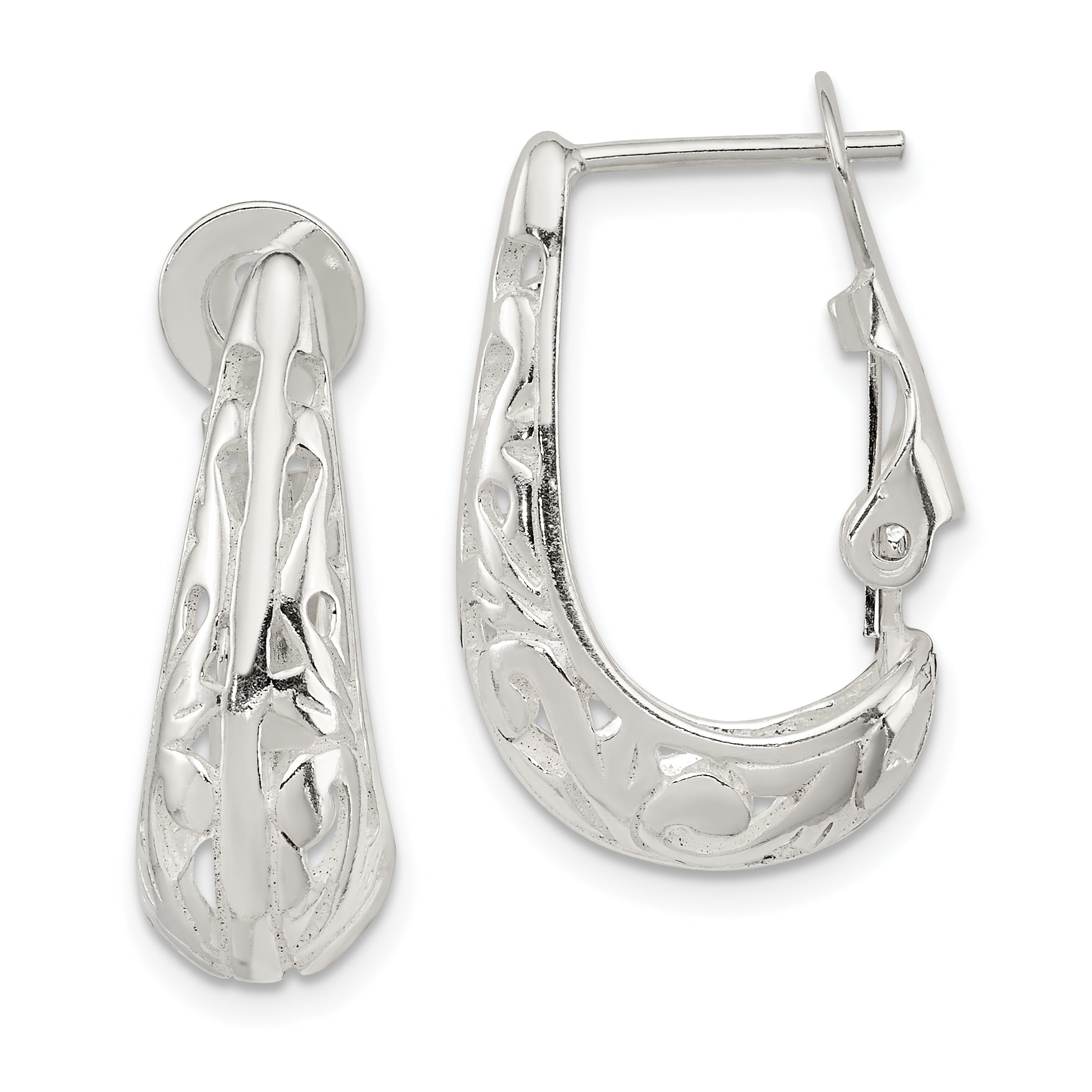 Sterling Silver Polished & Filigree Omega Back J-Hoop Earrings Main image