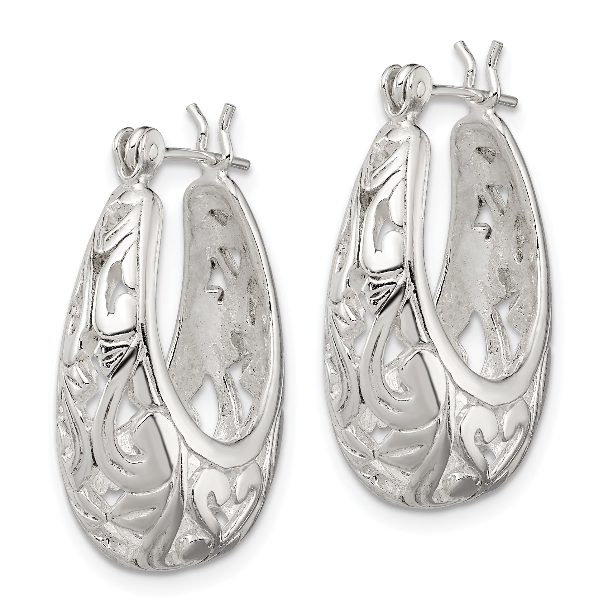 Sterling Silver Polished Filigree Oval Hoop Earrings Secondary image
