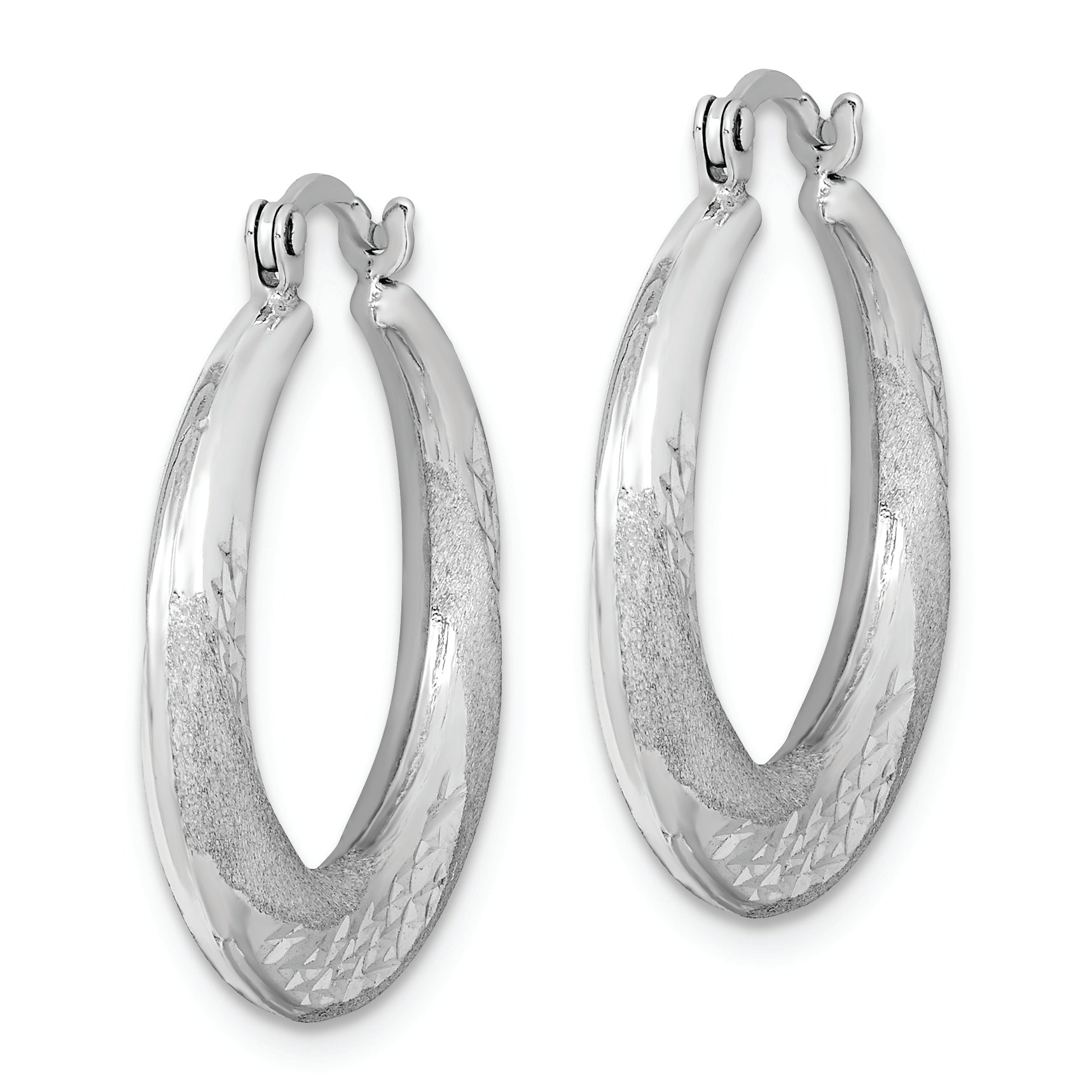 Sterling Silver RH-plated Brushed & D/C Scalloped Round Hoop Earrings Secondary image