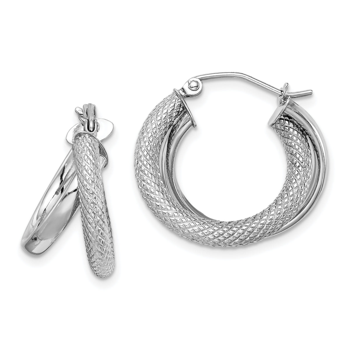 Sterling Silver Rhodium Plated Polished Diamond-cut Hoop Earrings
