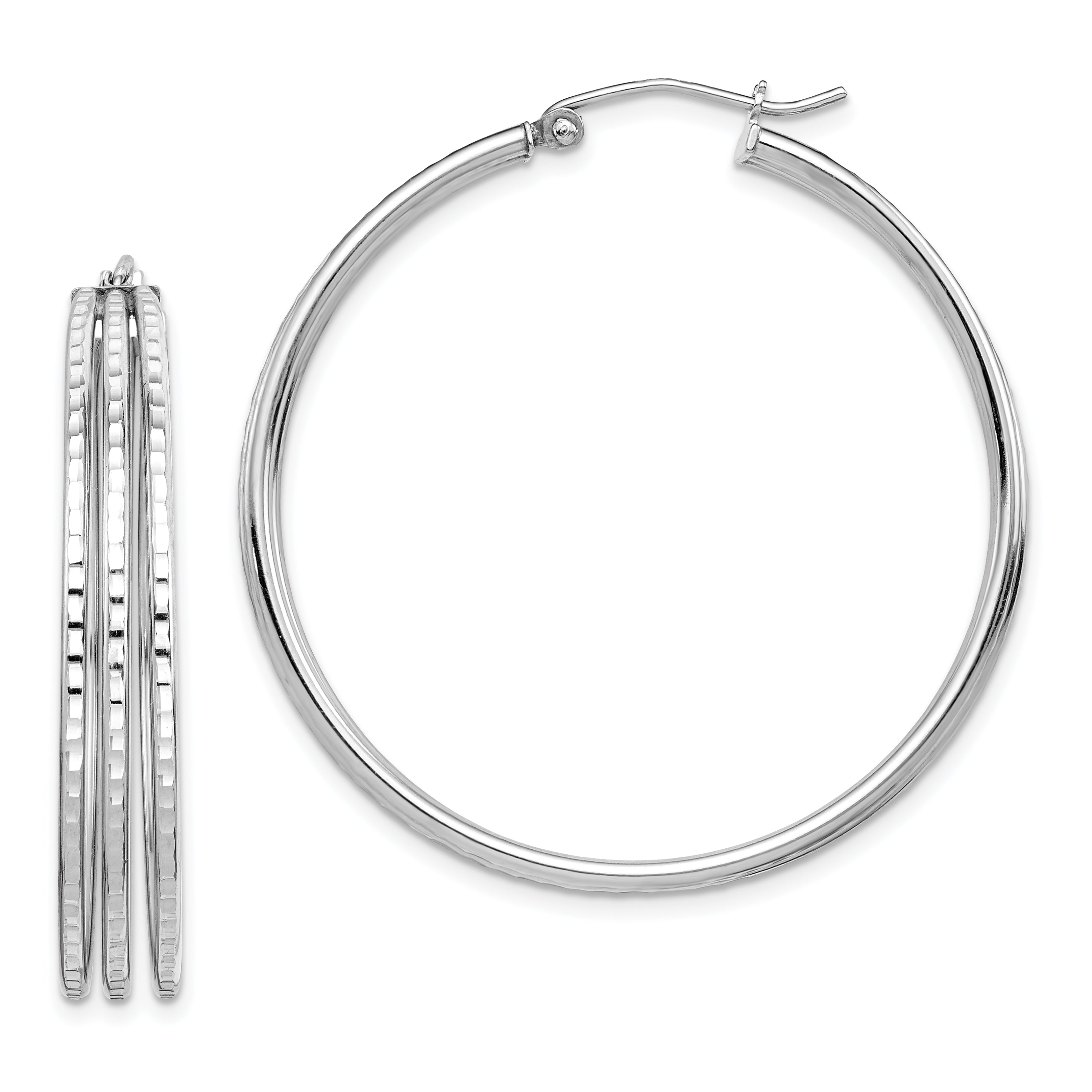 Sterling Silver Rhodium Plated Textured Fancy Hoop Earrings Main image