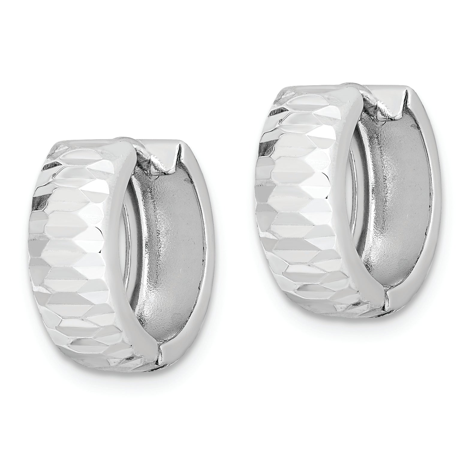 Sterling Silver Rhodium Polished Textured Hinged Hoop Earrings