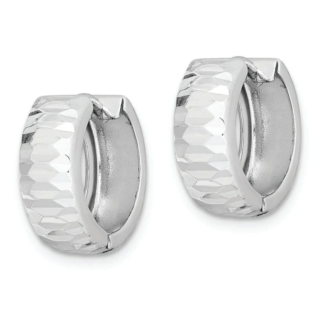 Sterling Silver Rhodium Polished Textured Hinged Hoop Earrings