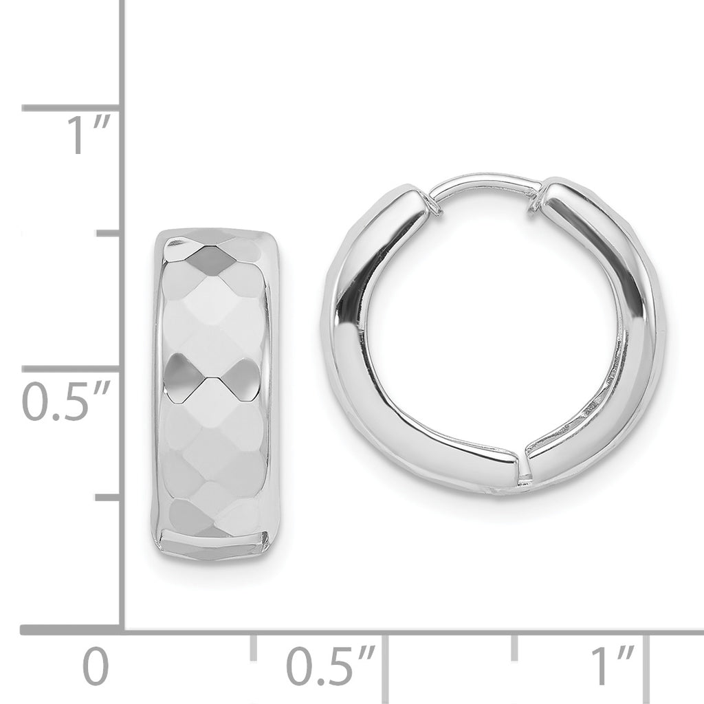Sterling Silver Rhodium Polished Patterned Hinged Hoop Earrings