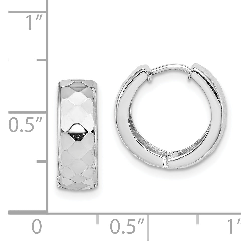 Sterling Silver Rhodium Polished Patterned Hinged Hoop Earrings