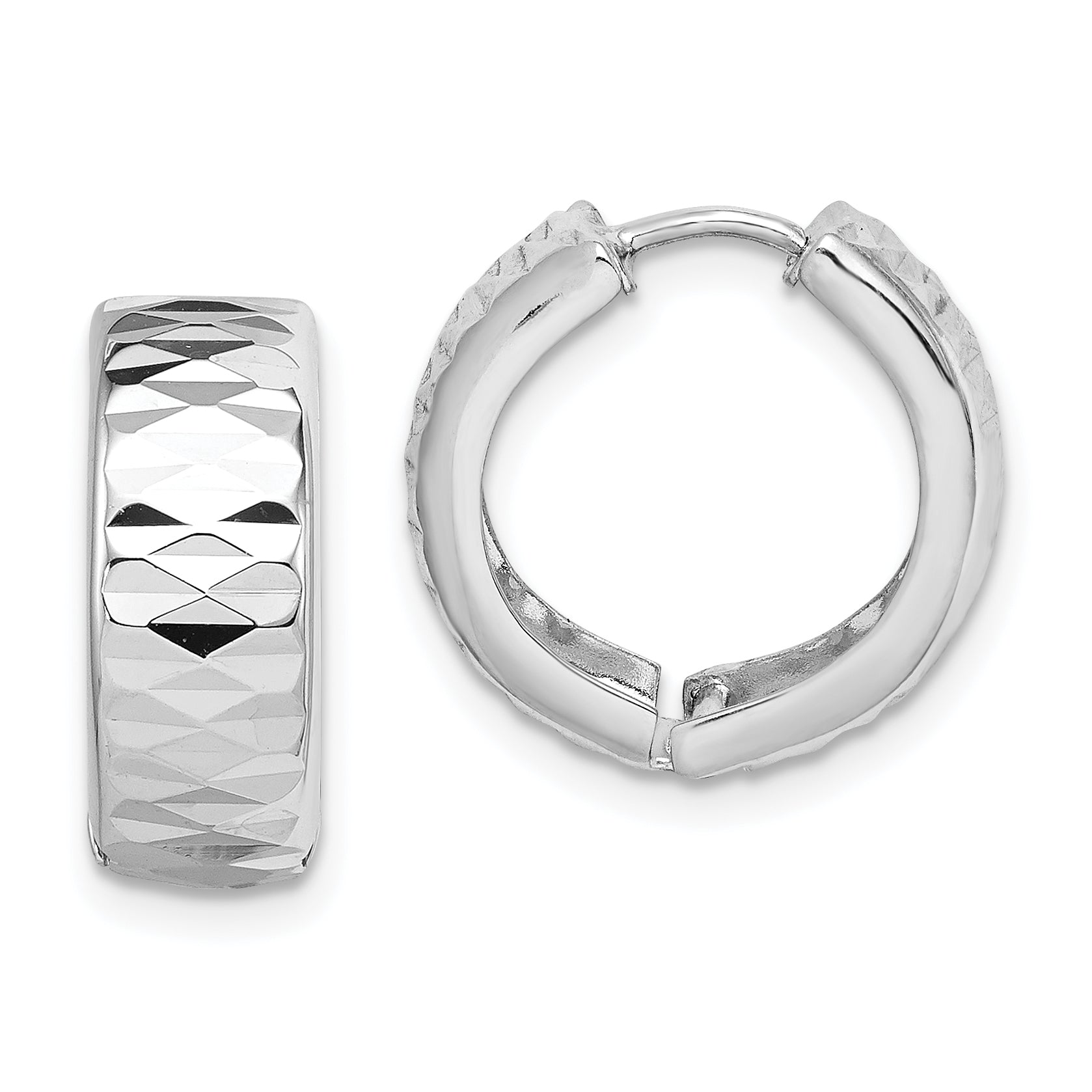 Sterling Silver Rhodium Diamond Cut Polished Hinged Hoop Earrings