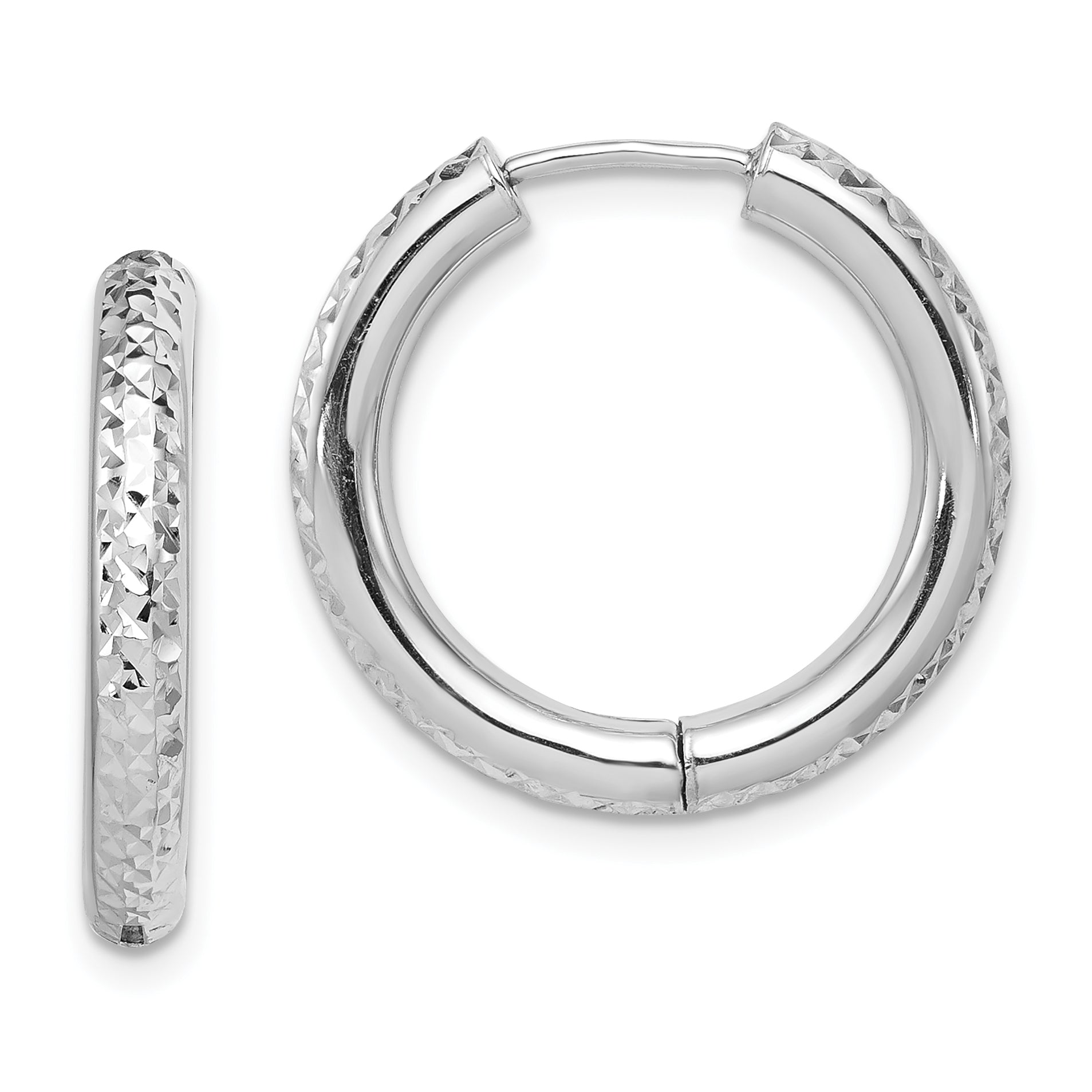 Sterling Silver Rhodium Polished Diamond Cut Hinged Hoop Earrings Main image