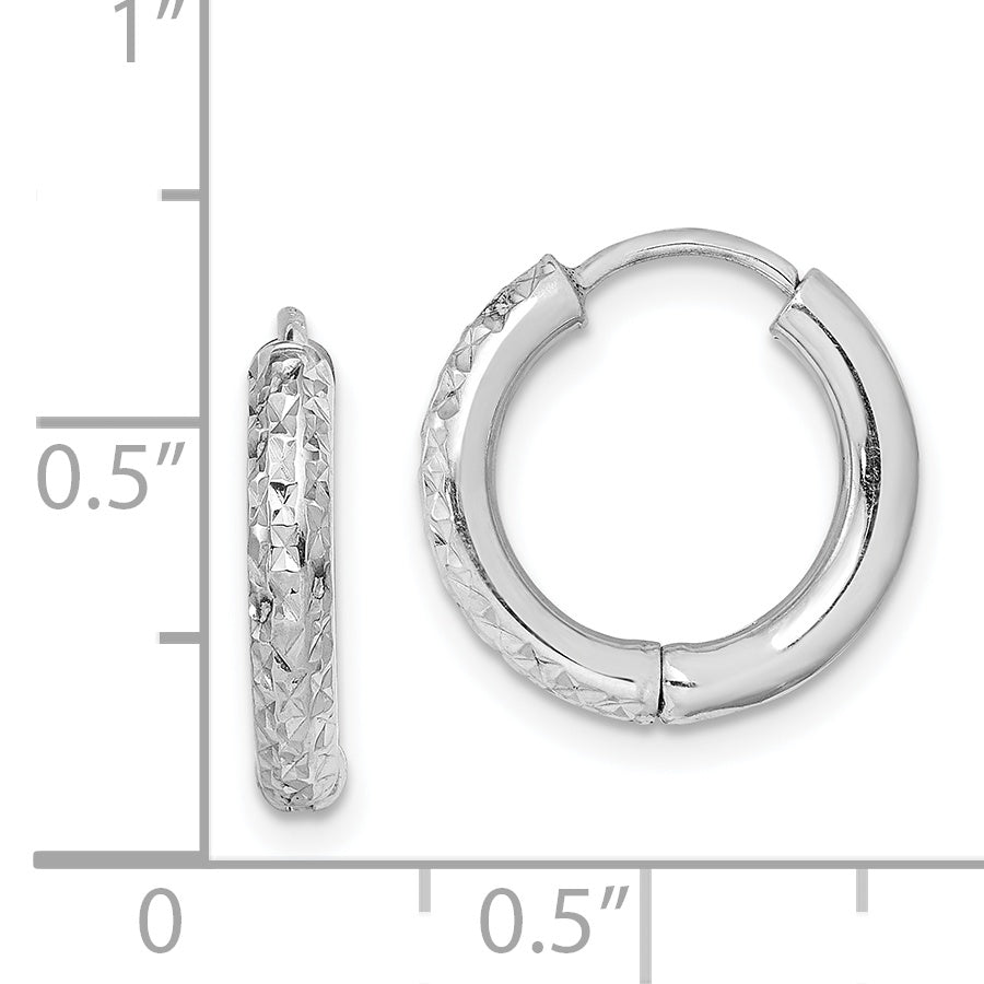 Sterling Silver Rhodium Polished Diamond Cut Hinged Hoop Earrings