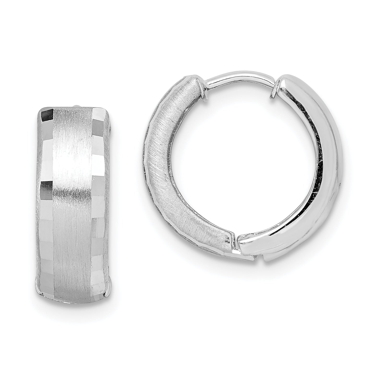 Sterling Silver Rhodium Brushed Patterned Hinged Hoop Earrings