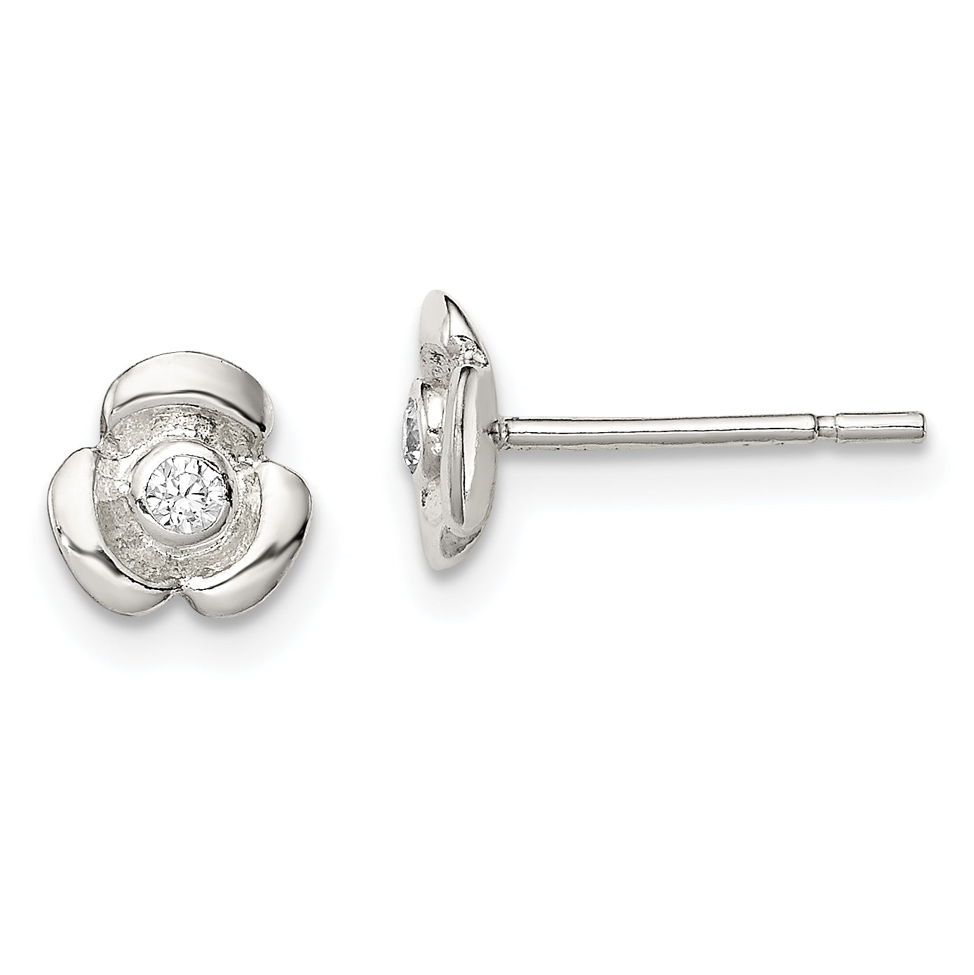 Sterling Silver Polished Flower with CZ Children's Post Earrings Main image